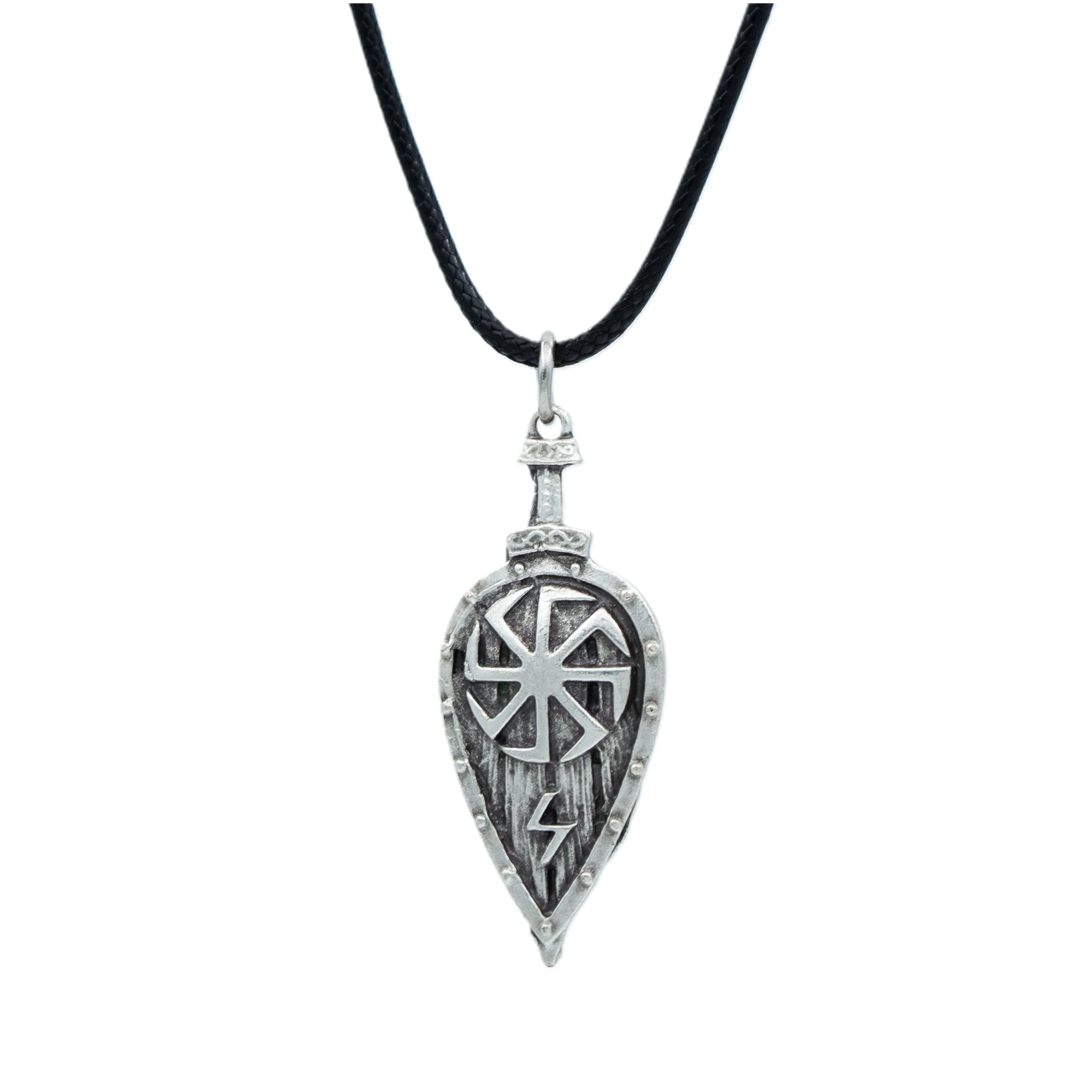 Viking Kolovrat Kalkan Kolye - Gümüş ( Silver ) Renk - 60 cm Deri İp Kolye