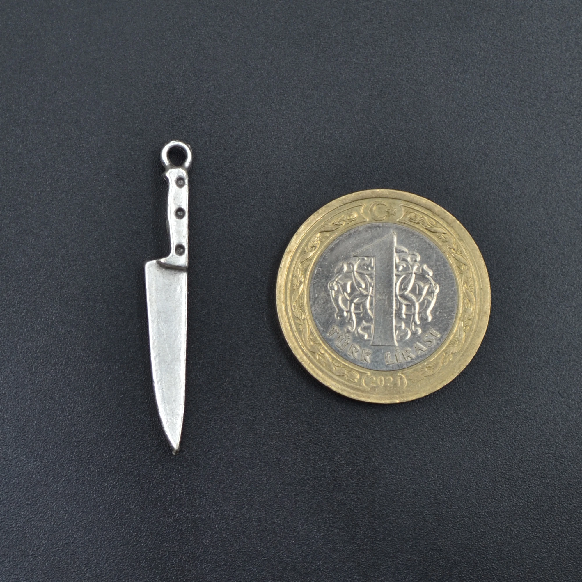 Gastronomi - Bıçak Kolye - Gümüş ( Silver ) Renk - 60 cm Deri İp Kolye