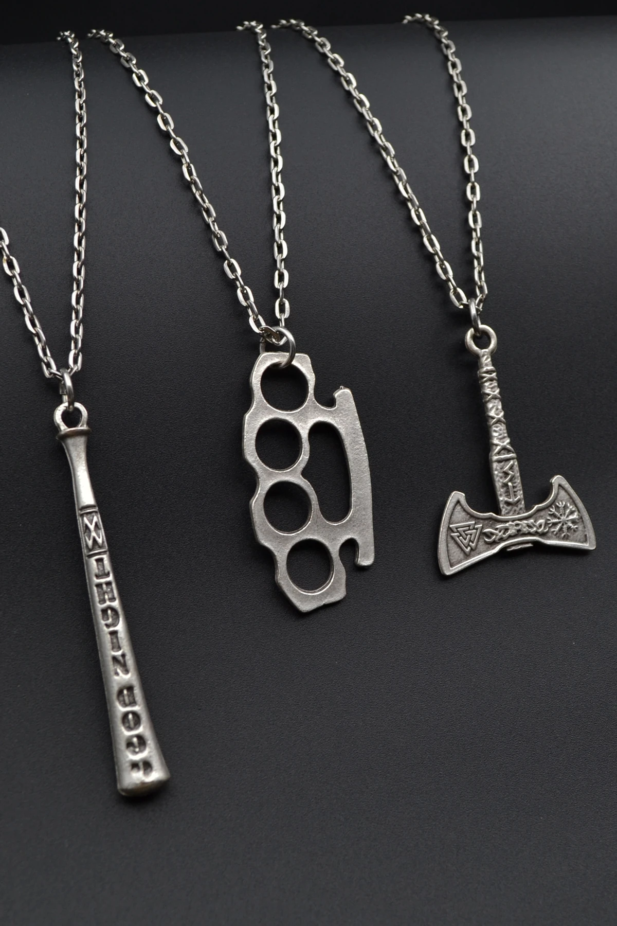 3'lü Çift Taraflı Viking Balta Beyzbol Sopası Muşta Erkek Kadın Kolye Seti