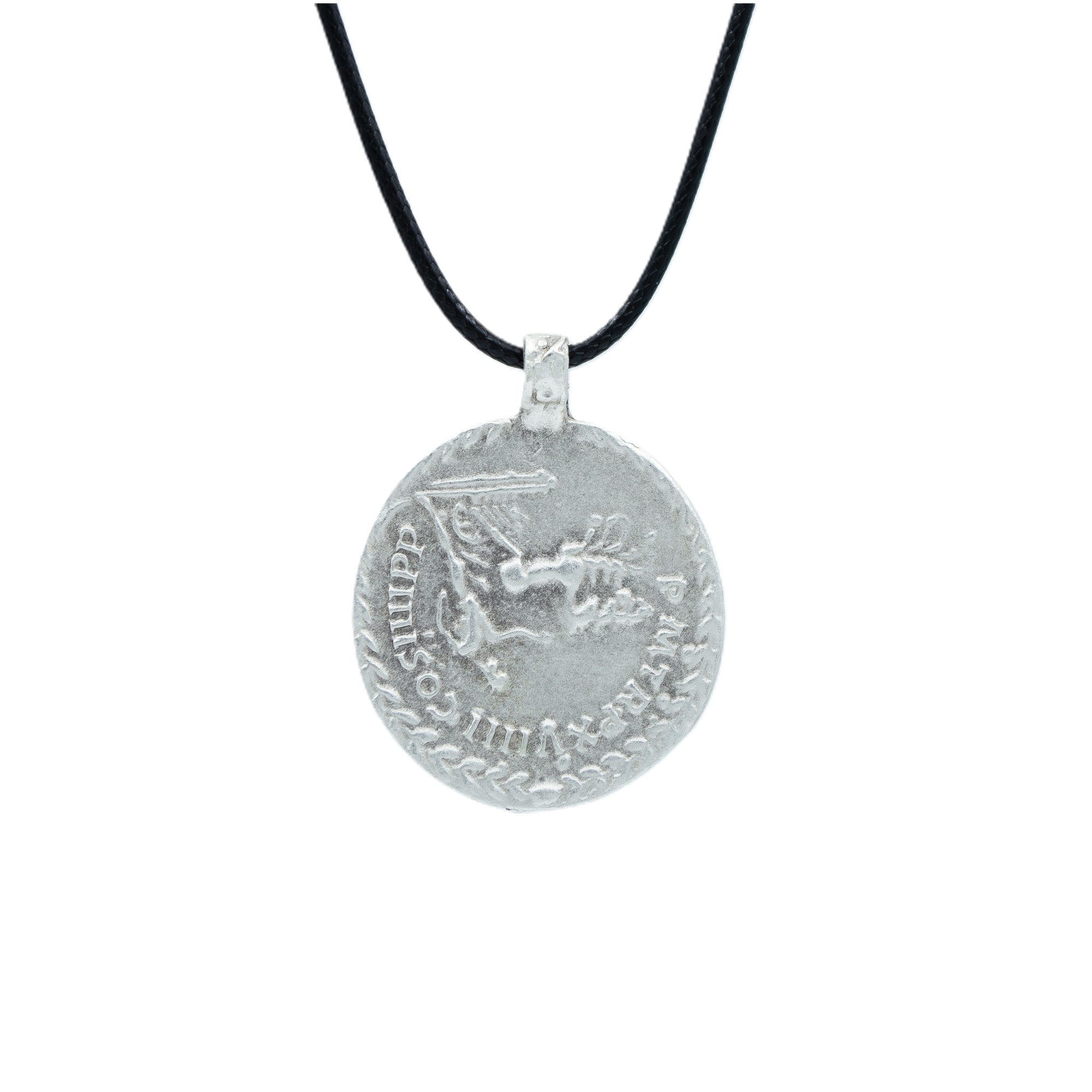 Roma Parası Sikke Kolye - Gümüş ( Silver ) Renk - 60 cm Deri İp Kolye