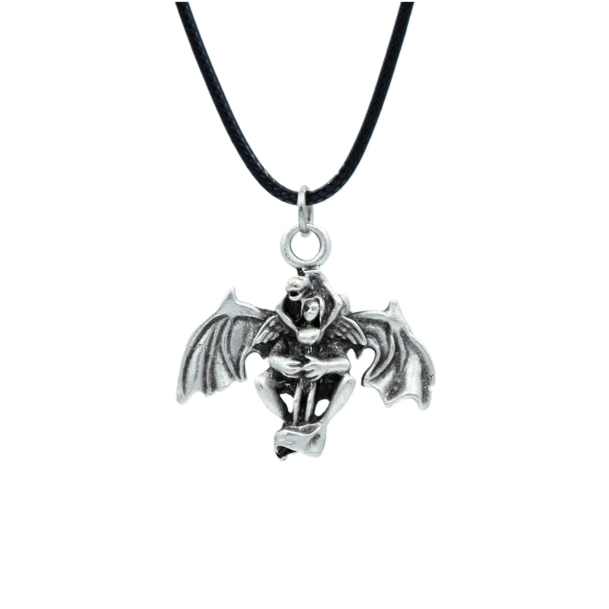 Ejderha ve Kız Kolye - Gümüş ( Silver ) Renk - 60 cm Deri İp Kolye