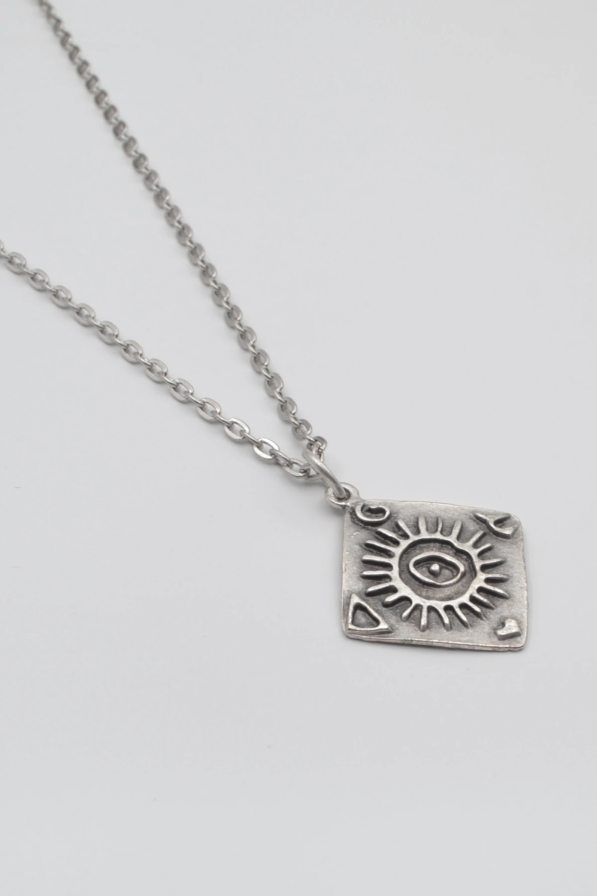 Güneş ve Göz Sembollü Düz Ezme Zincir Kolye - Antik Gümüş Kaplama - Kadın Erkek - 60 cm