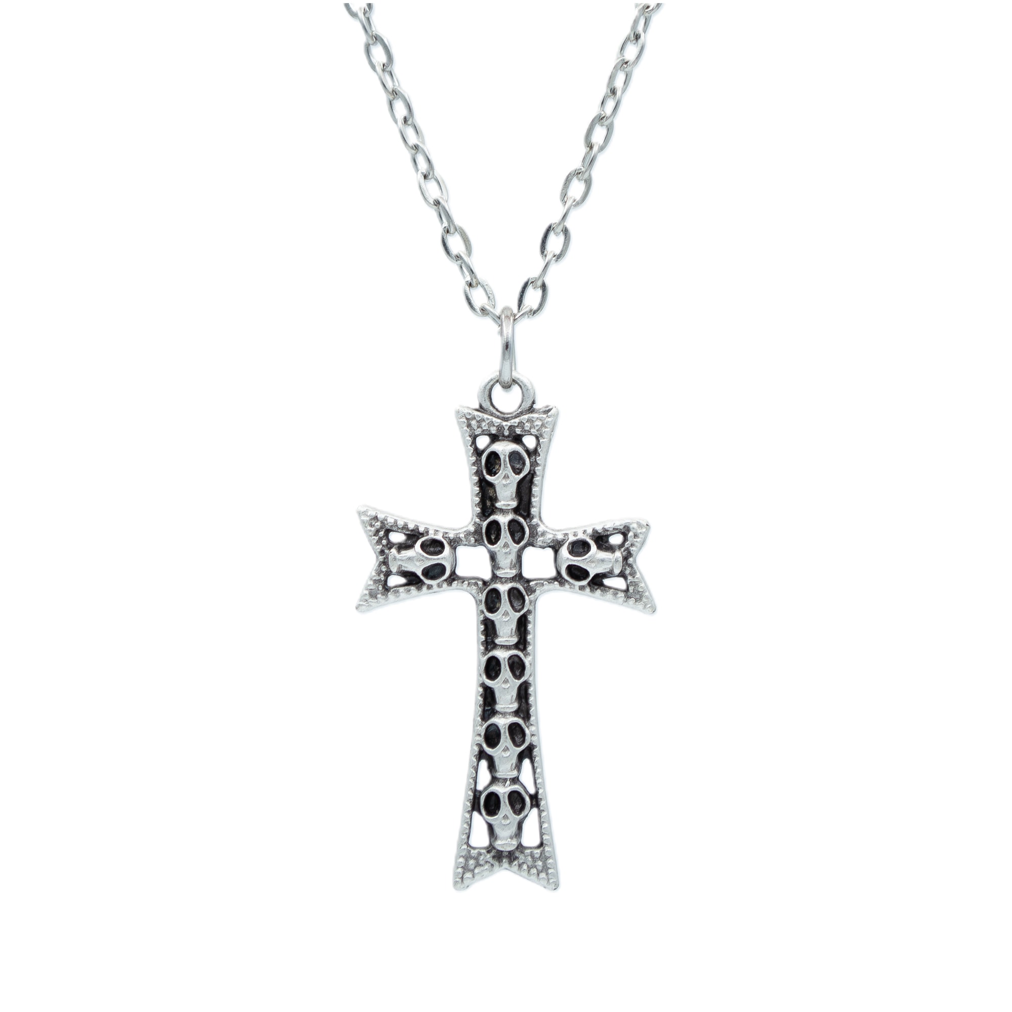 Kuru Kafalı Haç Kolye - Gümüş ( Silver ) Renk - 60 cm Düz Ezme Zincir Kolye