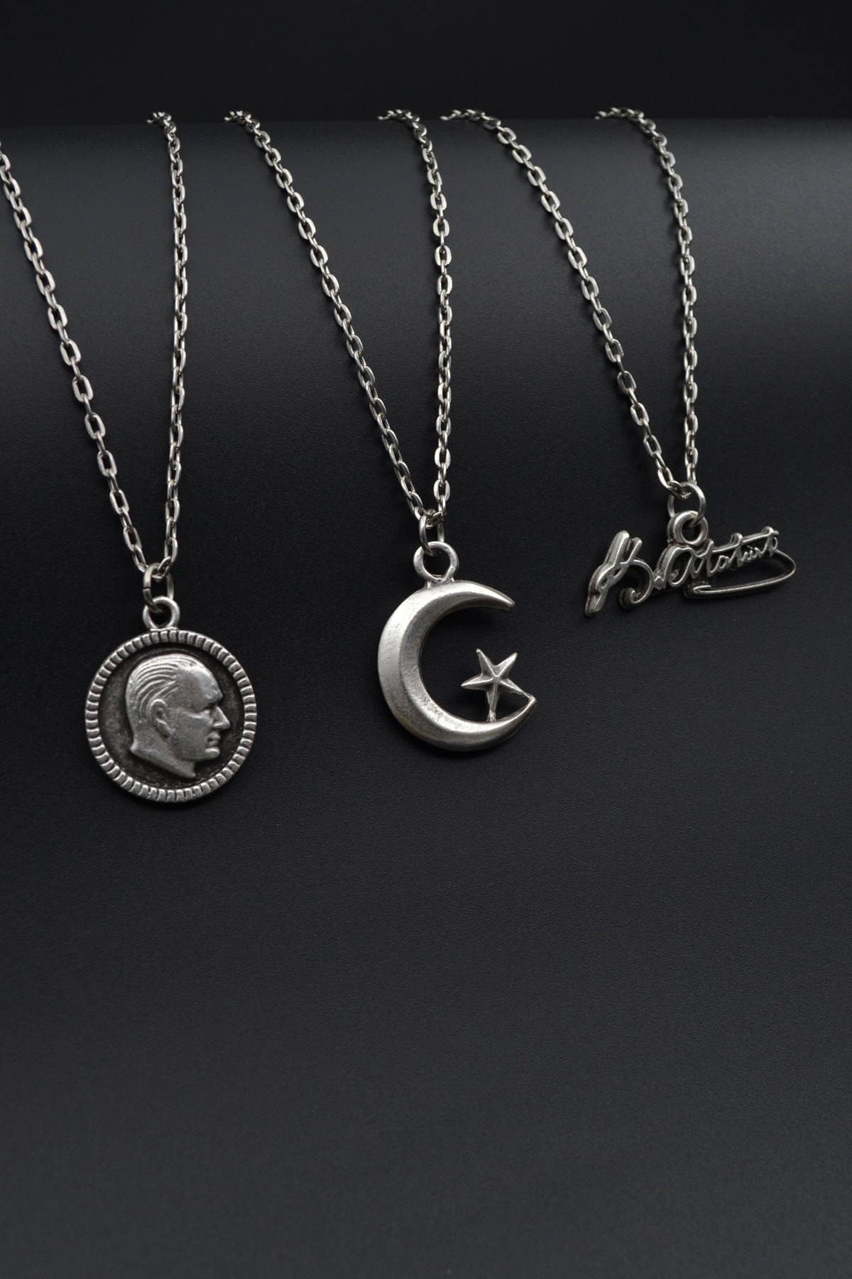 3'lü Atatürk İmza Madalyon Ay Yıldız Erkek Kadın Kolye Seti