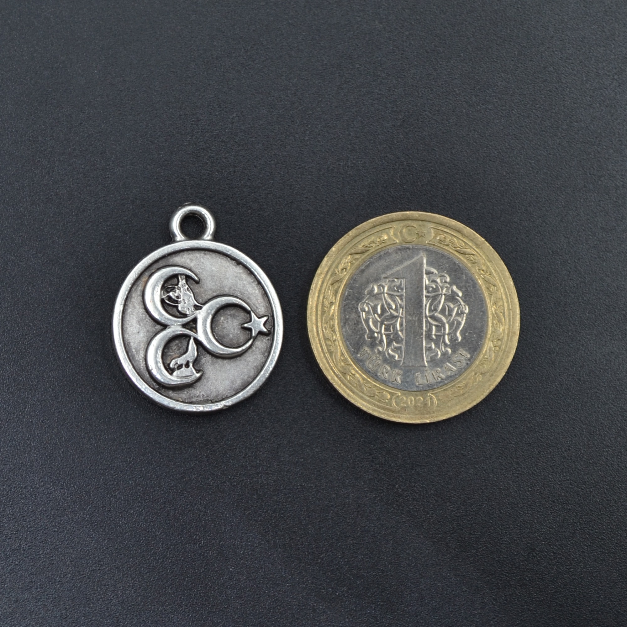 3 Hilal - Ay Yıldız - Kurt- Tuğra Kolye - Gümüş ( Silver ) Renk - 60 cm Deri İp Kolye