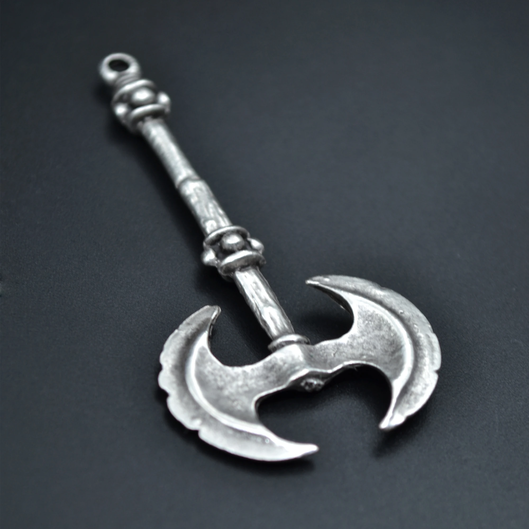 Çift Taraflı Savaşçı Balta Kolye - Gümüş ( Silver ) Renk - 60 cm Deri İp Kolye