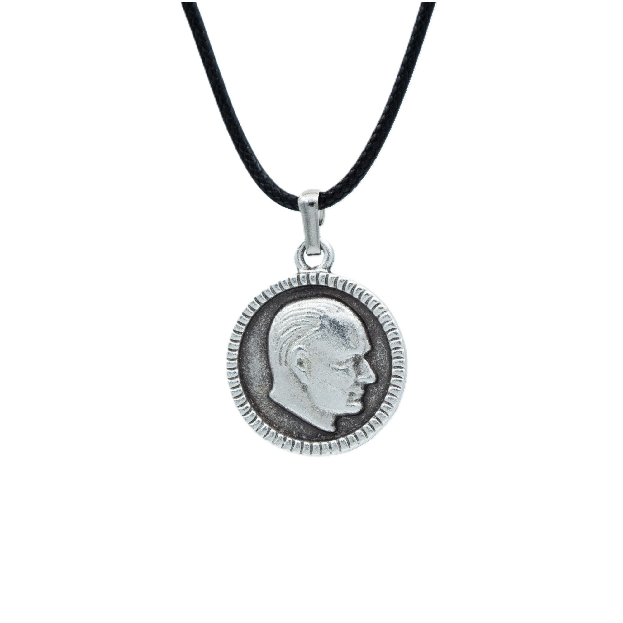 Atatürk Madalyon Kolye - Gümüş ( Silver ) Renk - 60 cm Deri İp Kolye