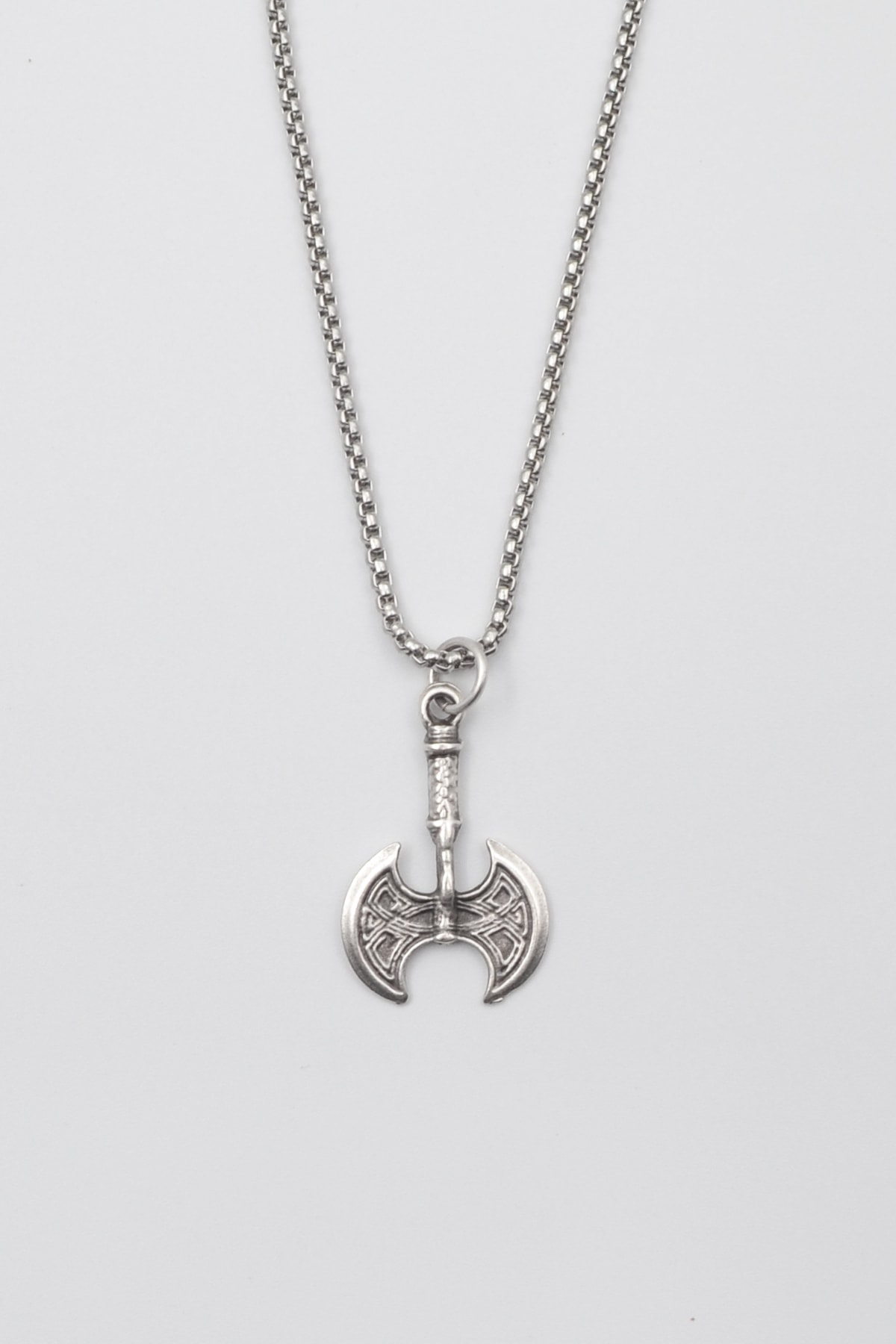 Viking Çift Başlı Balta Kolye - Gümüş ( Silver ) Renk - 60 cm Örme Zincir Kolye