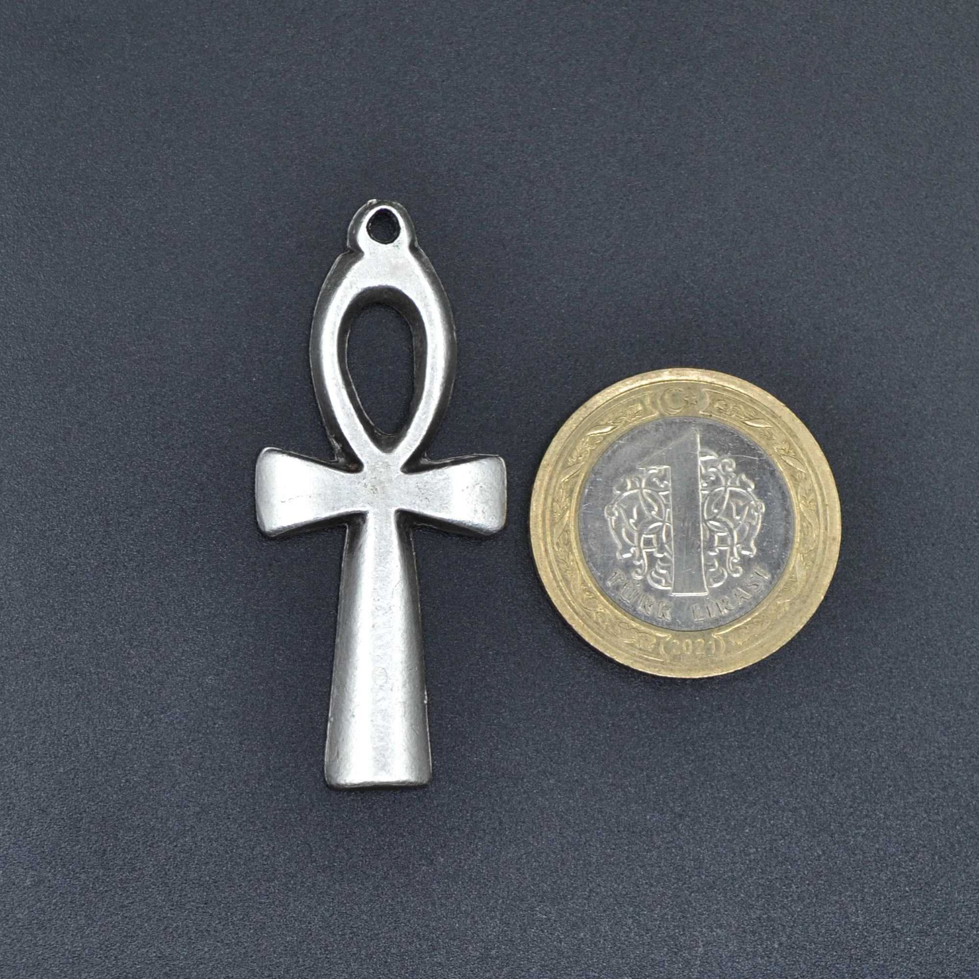 Ankh Sembolü - Nil'in Anahtarı Kolye - Gümüş ( Silver ) Renk - 60 cm Deri İp Kolye