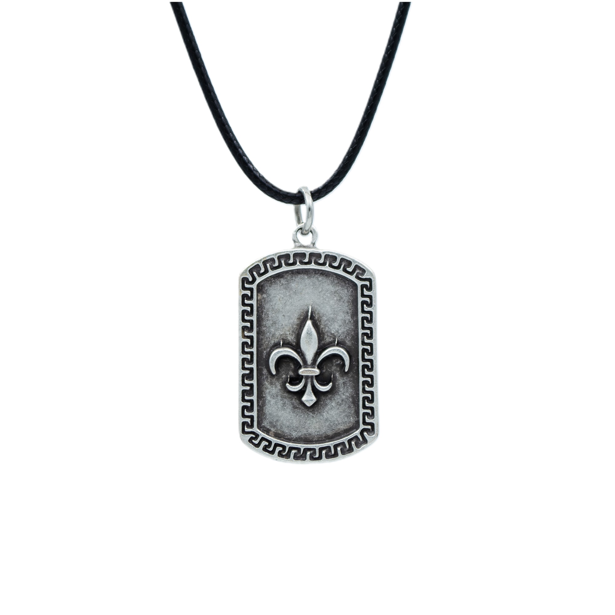 Fleur-de-lis Zambak Künye Kolye - Gümüş ( Silver ) Renk - 60 cm Deri İp Kolye