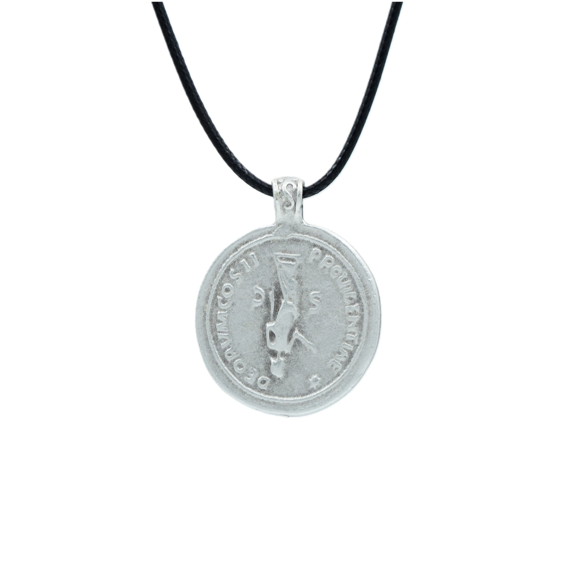 Roma Parası Sikke Kolye - Gümüş ( Silver ) Renk - 60 cm Deri İp Kolye