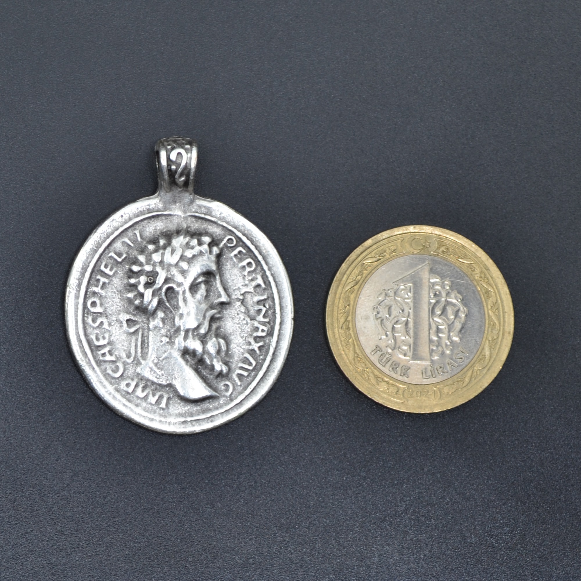 Roma Parası Sikke Kolye - Gümüş ( Silver ) Renk - 60 cm Düz Ezme Zincir Kolye