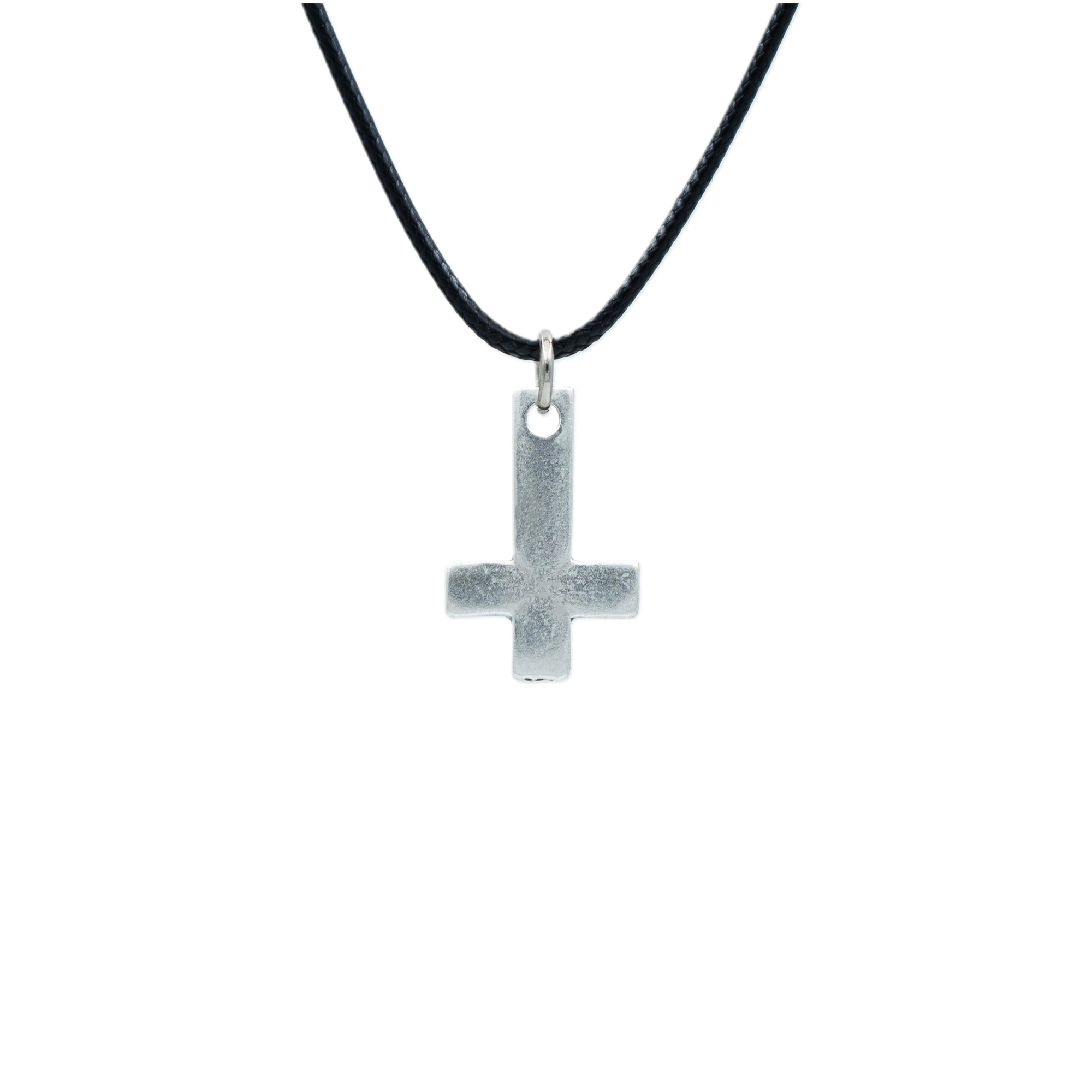 Minimal Ters Haç Kolye - Gümüş ( Silver ) Renk - 60 cm Deri İp Kolye