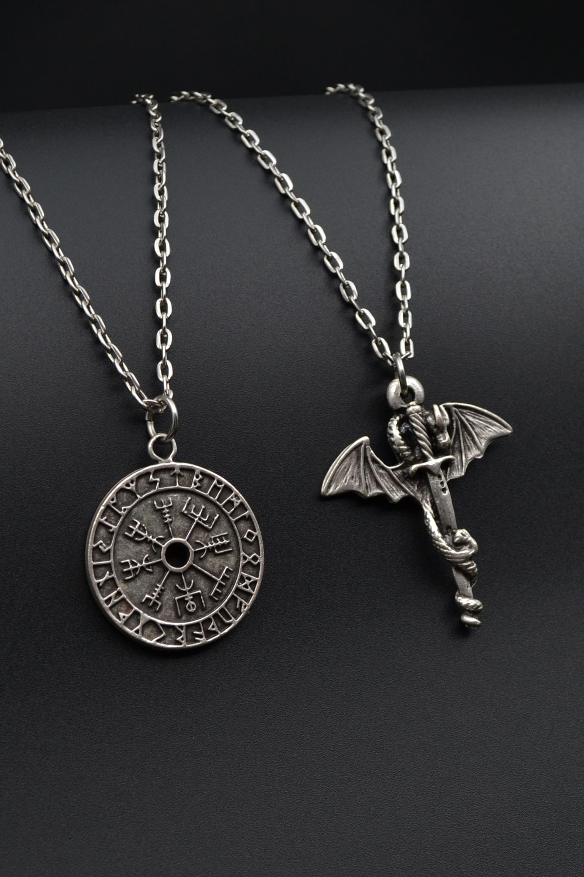 2'li Ejderha Kılıç Viking İşlemeli PusulaKolye Seti