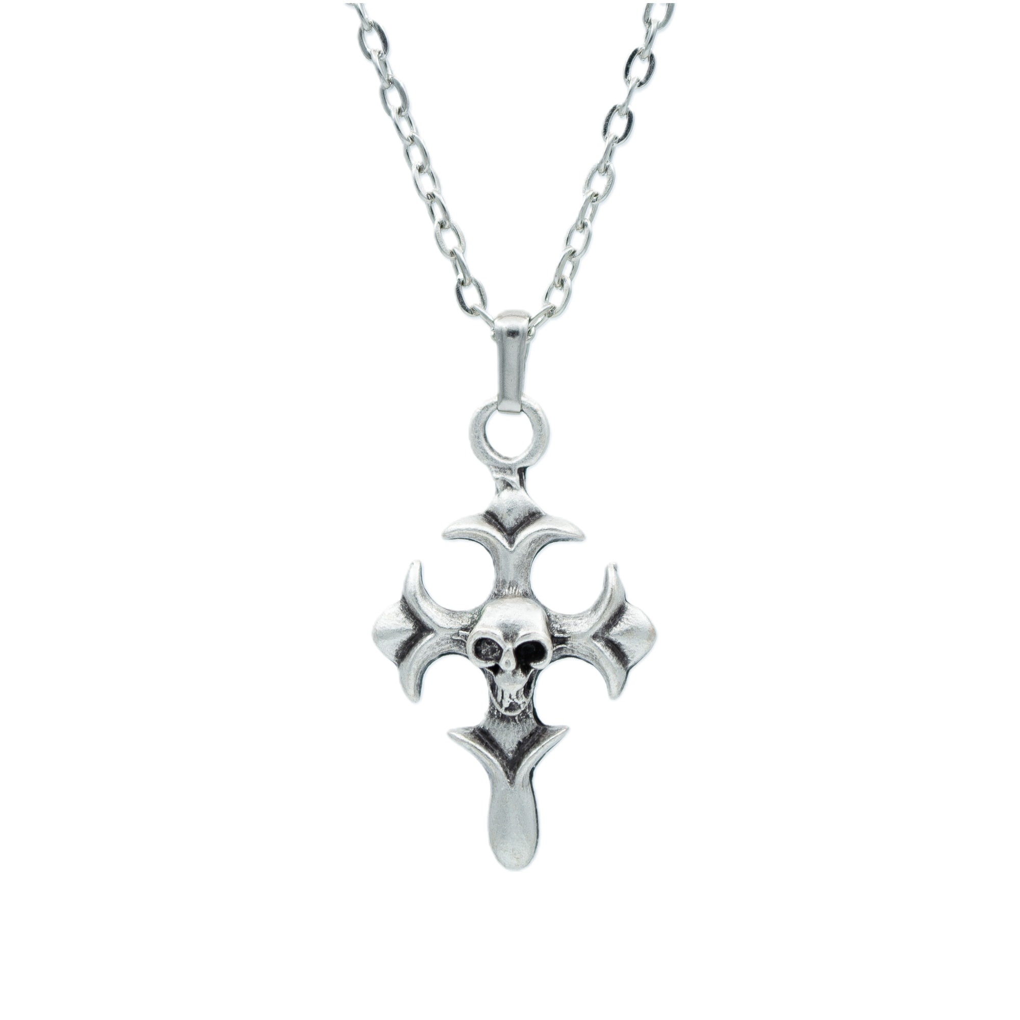 Kuru Kafalı Haç Kolye - Gümüş ( Silver ) Renk - 60 cm Düz Ezme Zincir Kolye