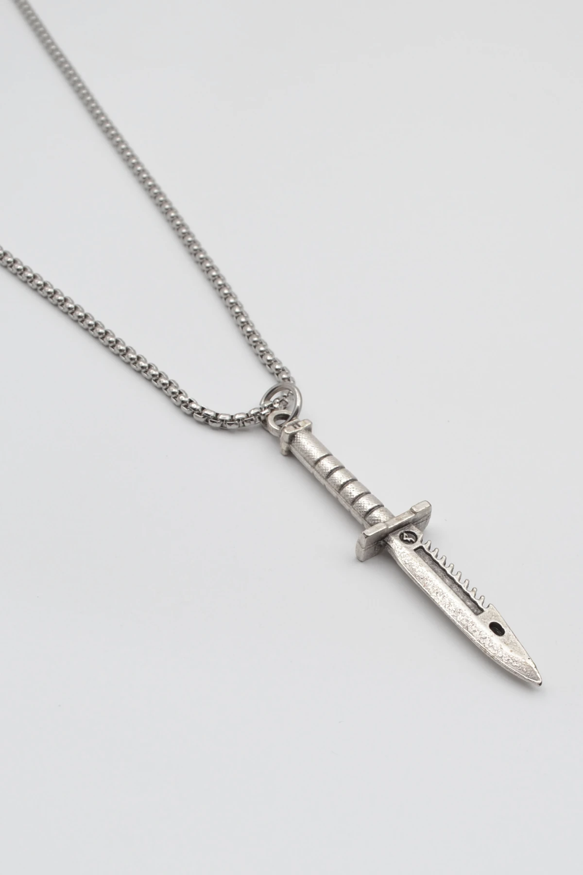 Testere Dişli Taktik Bıçak Örme Zincir Kolye - Antik Gümüş Kaplama - Kadın Erkek - 60 cm