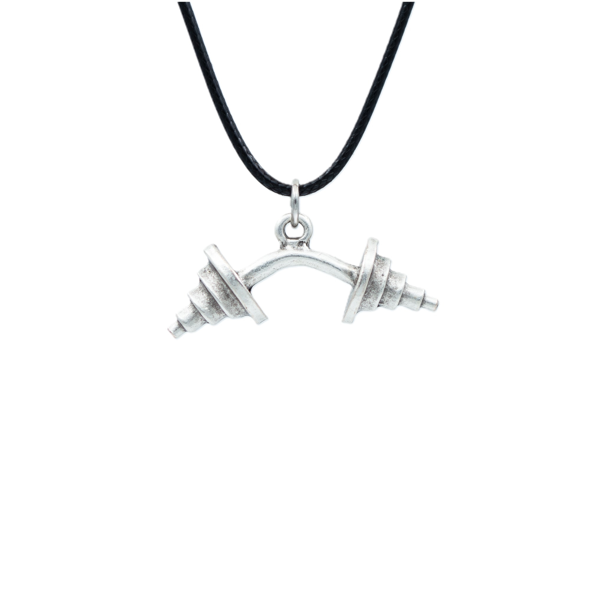 Sporcu Halter - Dambıl Kolye - Gümüş ( Silver ) Renk - 60 cm Deri İp Kolye