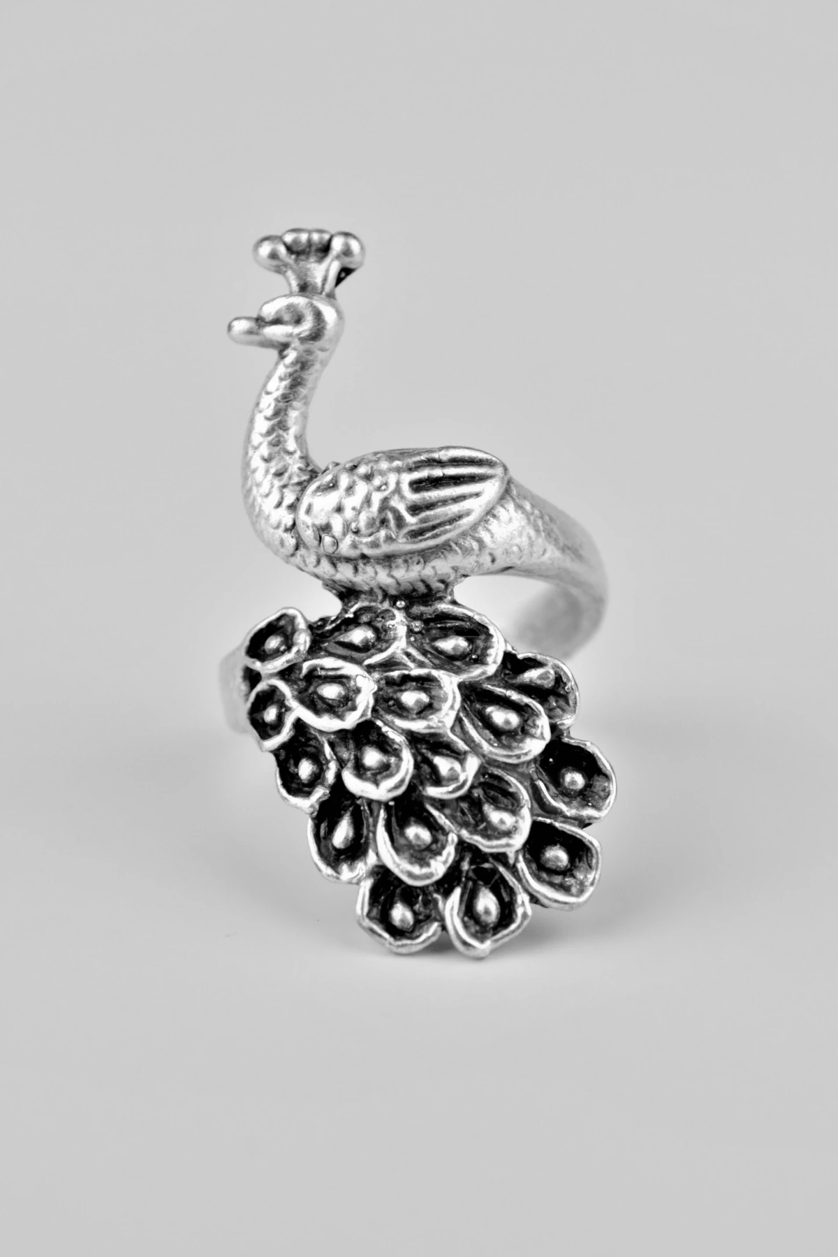 Tavuskuşu Antik Gümüş Kaplama Ayarlamalı Kadın Erkek Yüzük