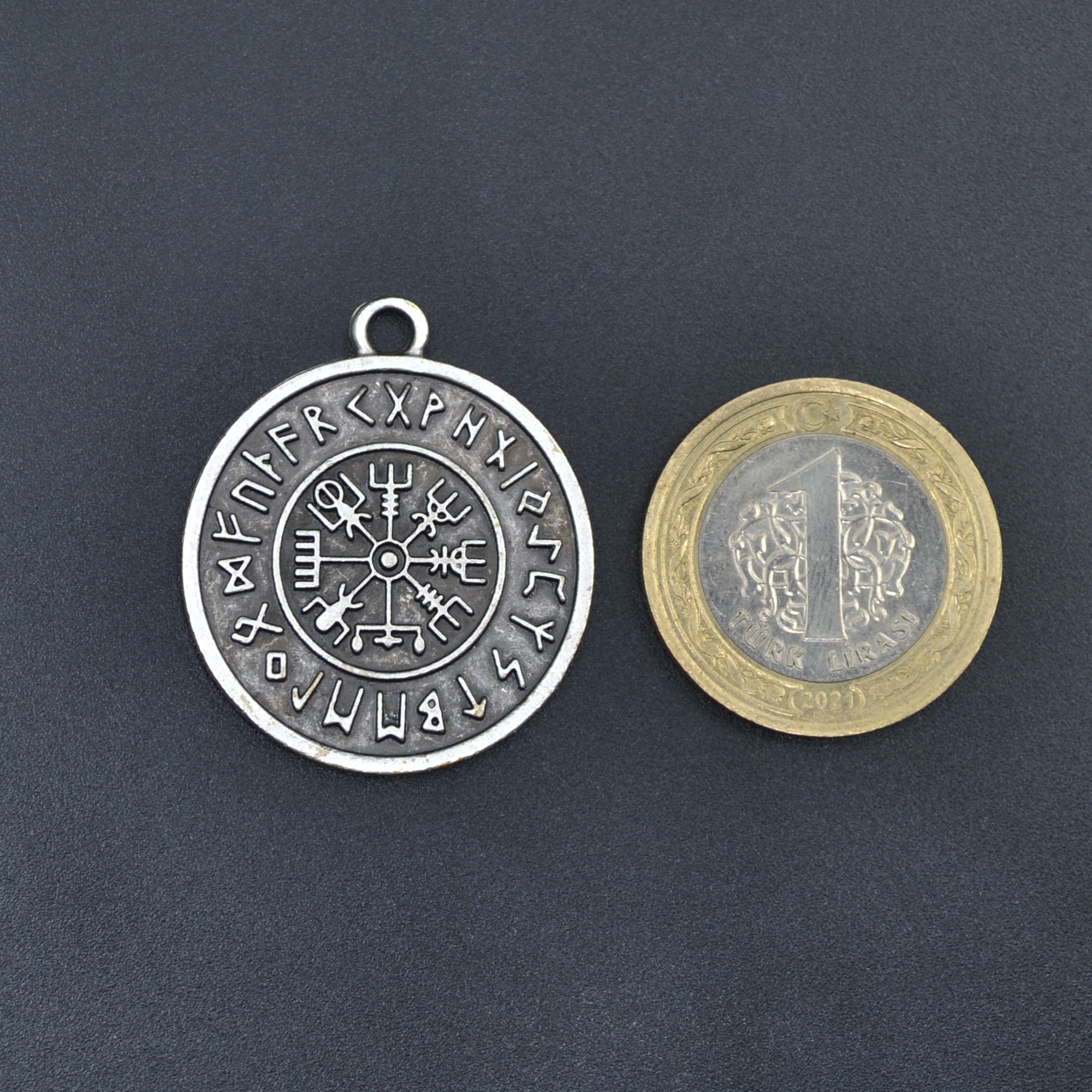 Vegvisir Viking Pusula Kolye - Gümüş ( Silver ) Renk - 60 cm Düz Ezme Zincir Kolye