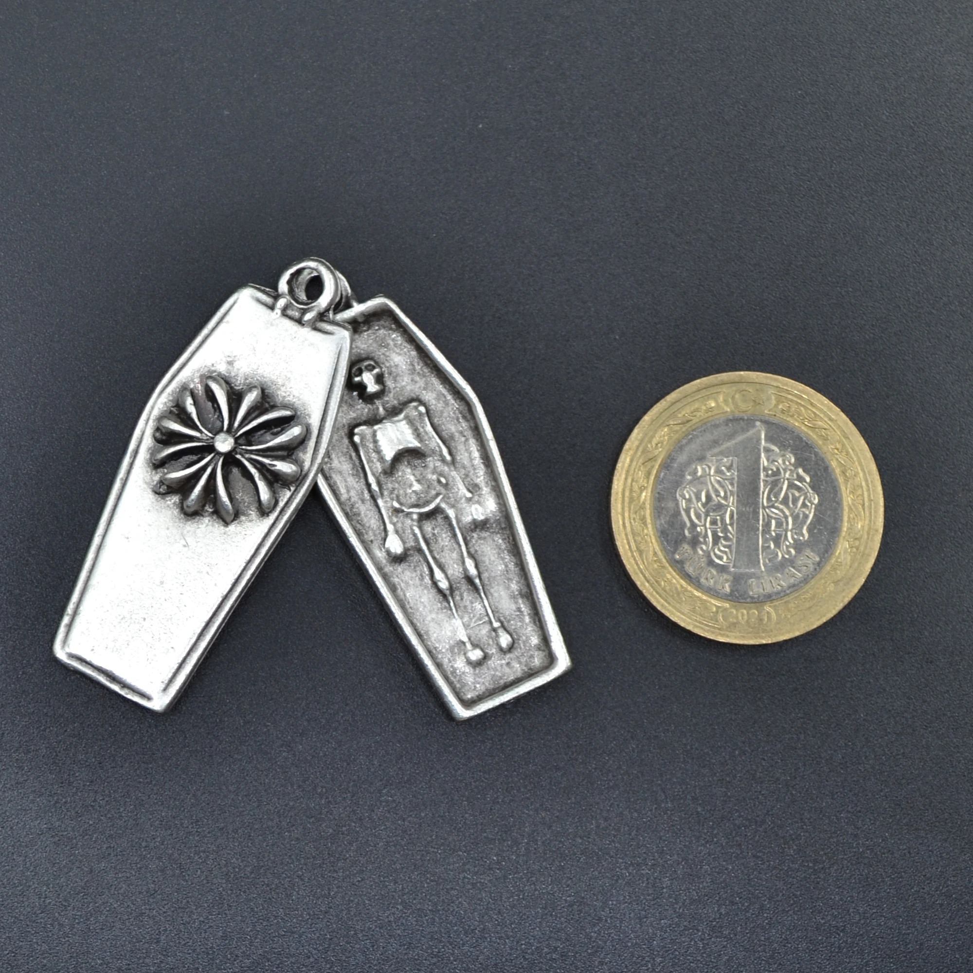 Tabut - İskelet Kolye - Gümüş ( Silver ) Renk - 60 cm Deri İp Kolye