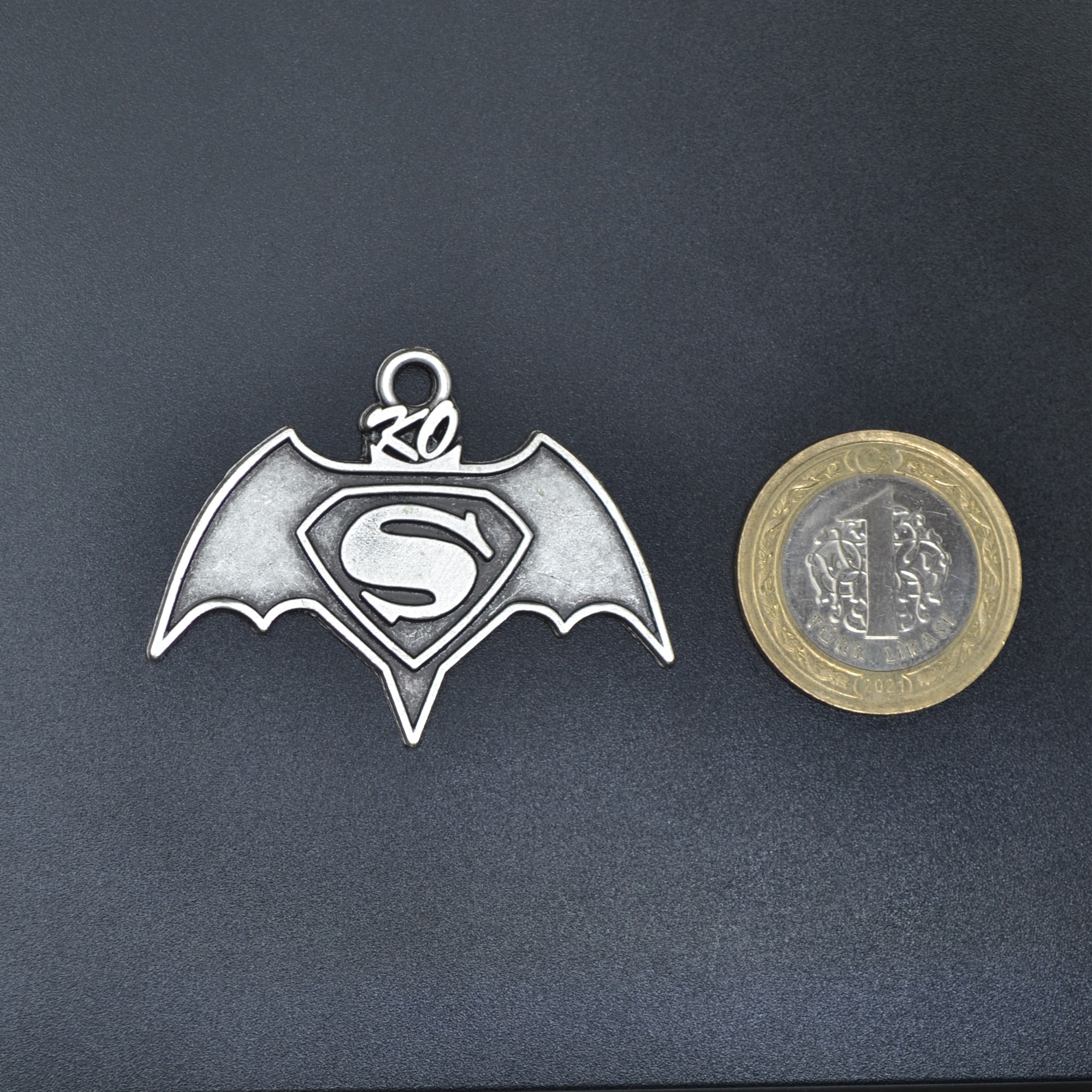Batman Süperman Kolye - Gümüş ( Silver ) Renk - 60 cm Deri İp Kolye