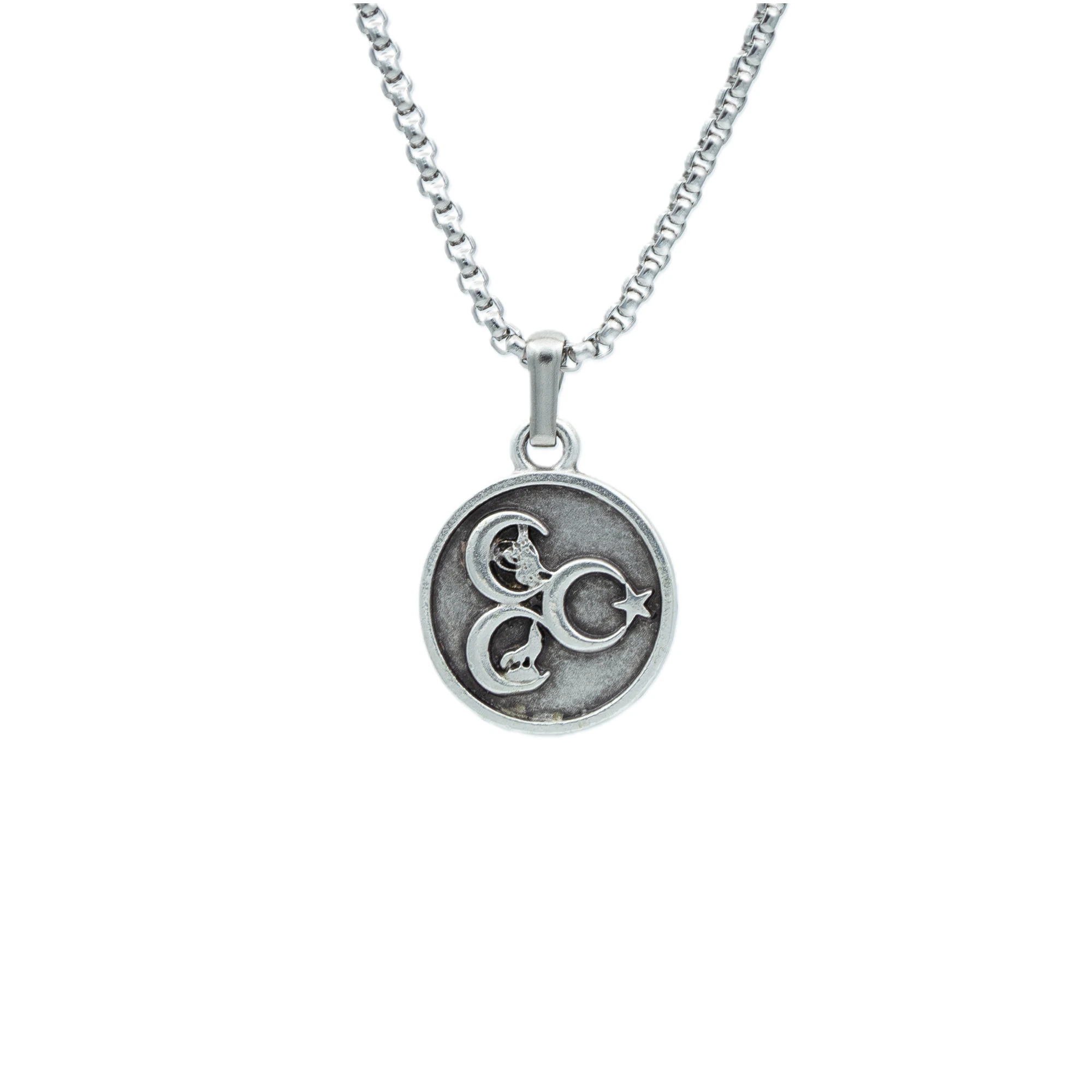 3 Hilal - Ay Yıldız - Kurt- Tuğra Kolye - Gümüş ( Silver ) Renk - 60 cm Örme Zincir Kolye