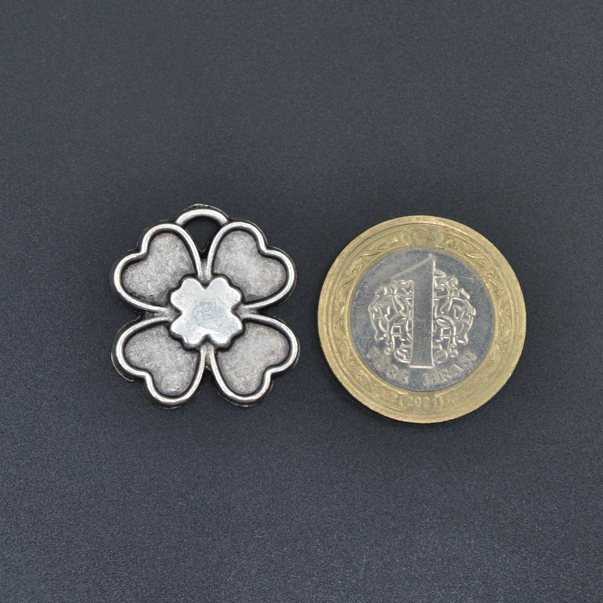 Dört Yapraklı Yonca Kolye - Gümüş ( Silver ) Renk - 60 cm Deri İp Kolye