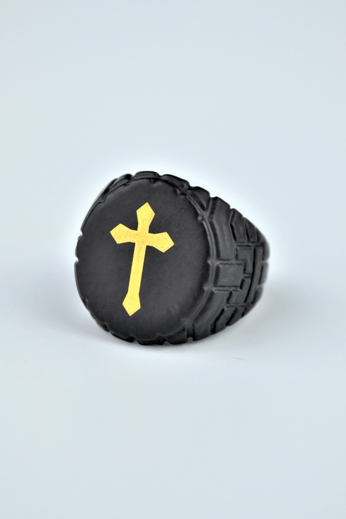 Haç Yuvarlak Şovalye Mat Siyah Ayarlamalı Erkek Yüzük