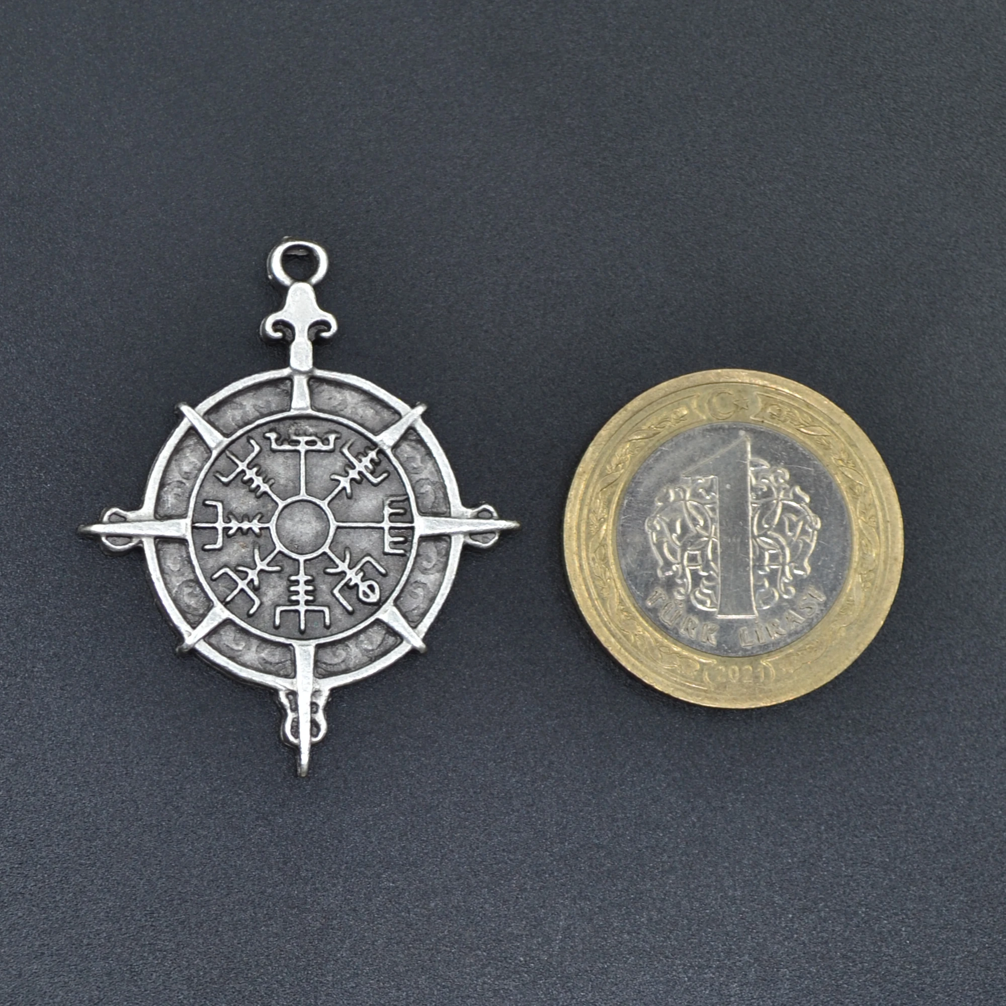 Viking Vegvisir Pusula Kolye - Gümüş ( Silver ) Renk - 60 cm Deri İp Kolye