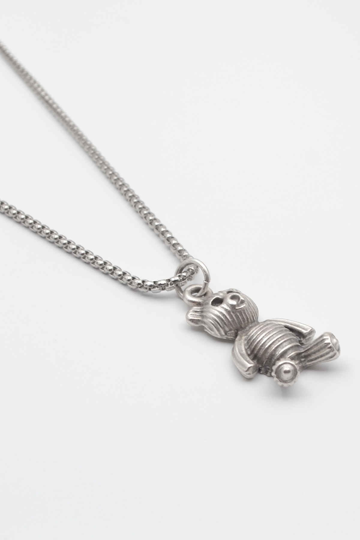 Oyuncak Ayıcık Örme Zincir Kolye - Antik Gümüş Kaplama - Kadın Erkek - 60 cm