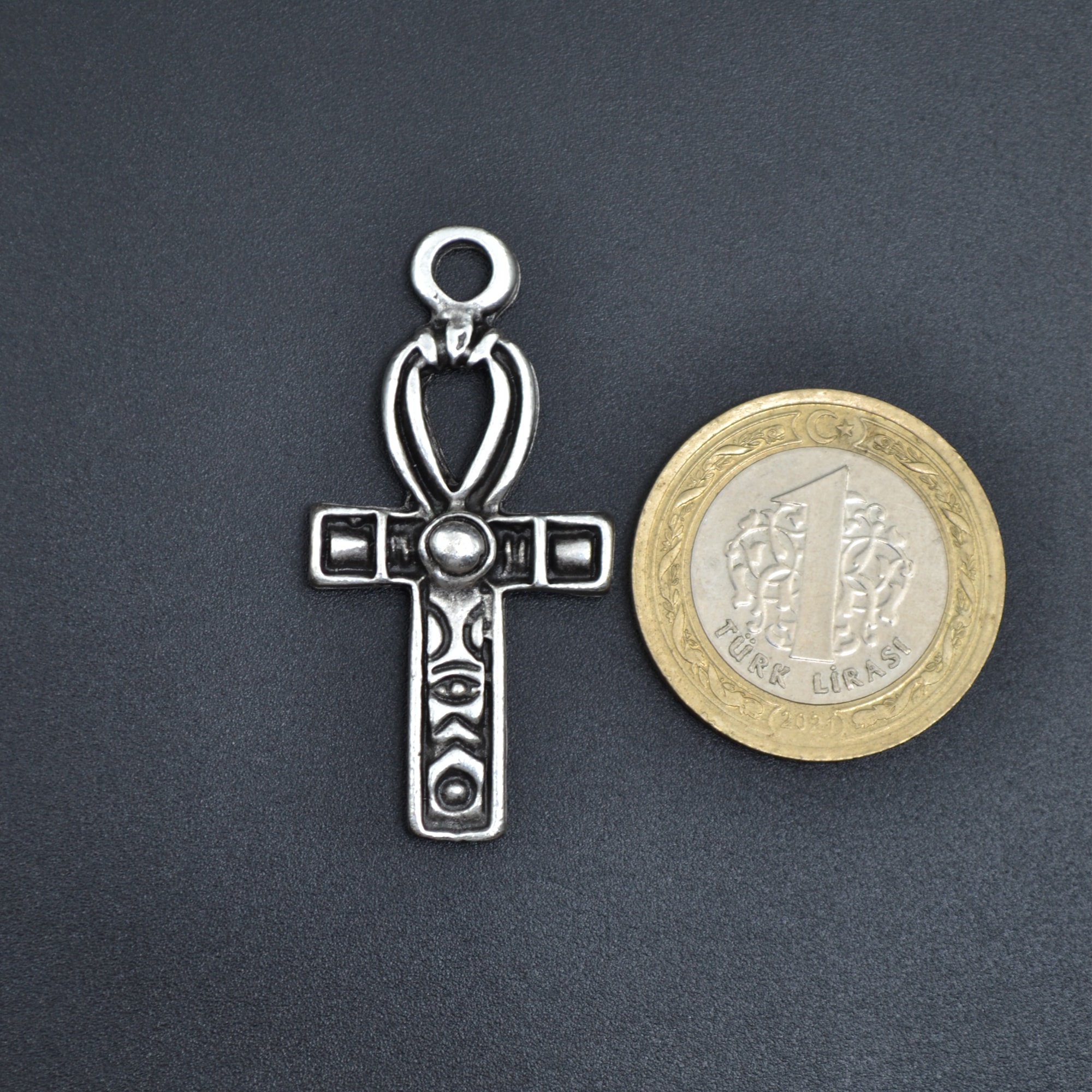 Ankh Sembolü - Nil'in Anahtarı Kolye - Gümüş ( Silver ) Renk - 60 cm Deri İp Kolye