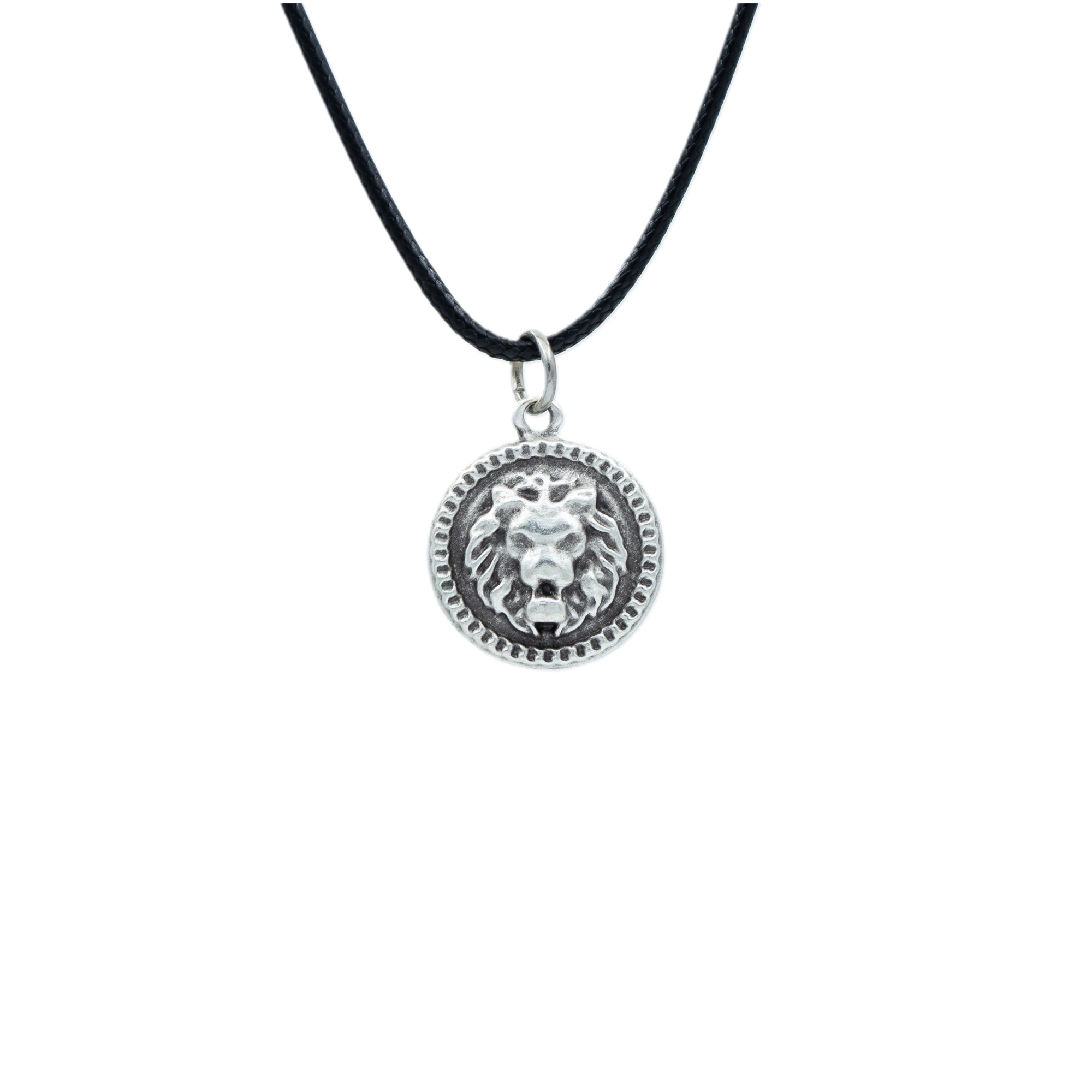 Minimal Aslan Madalyon Kolye - Gümüş ( Silver ) Renk - 60 cm Deri İp Kolye