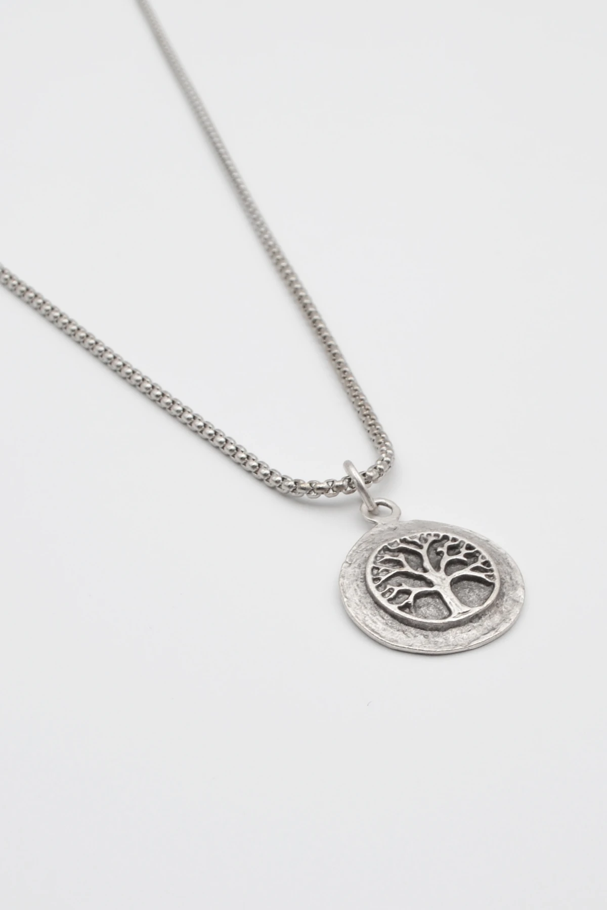 Yaşam - Hayat Ağacı Örme Zincir Kolye - Antik Gümüş Kaplama - Kadın Erkek - 60 cm