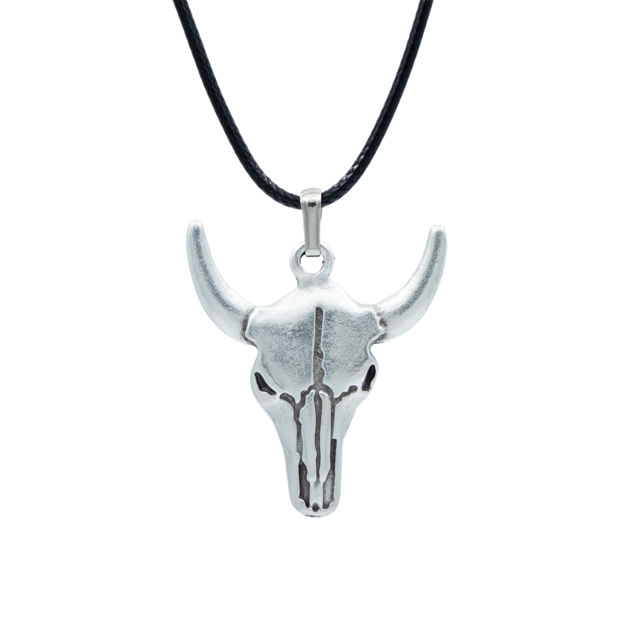 Boğa - Kuru Kafa Kolye - Gümüş ( Silver ) Renk - 60 cm Deri İp Kolye
