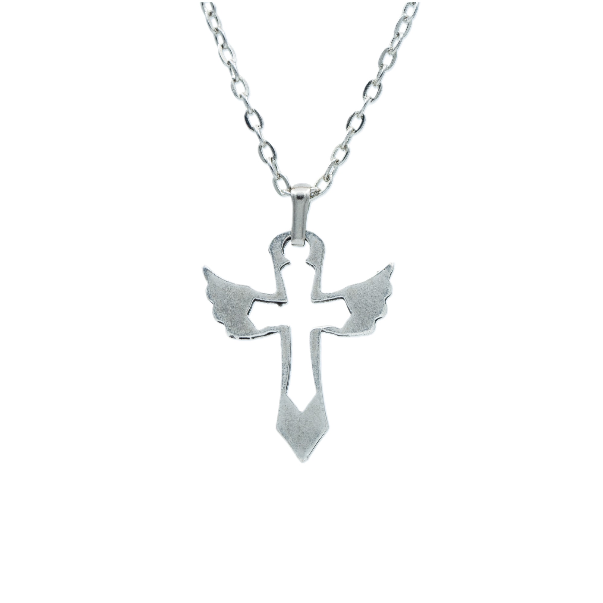 Kanat Detaylı Haç Kolye - Gümüş ( Silver ) Renk - 60 cm Düz Ezme Zincir Kolye