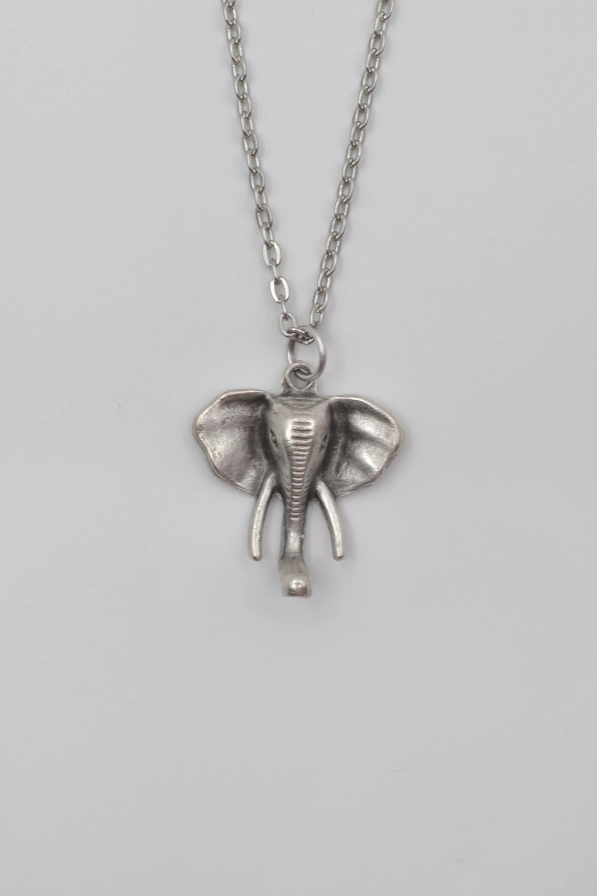 Fil Kafası KolyeDüz Ezme Zincir Kolye - Antik Gümüş Kaplama - Kadın Erkek - 60 cm