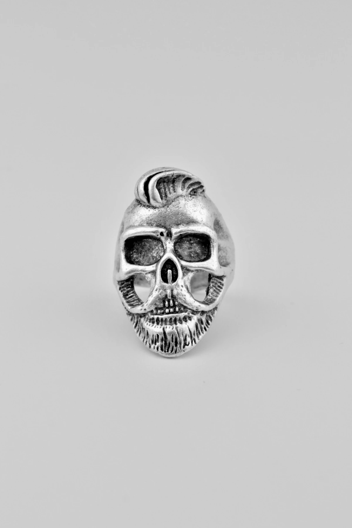 Saçlı Sakallı Kuru Kafa Gümüş Kaplama Ayarlamalı Erkek Yüzük