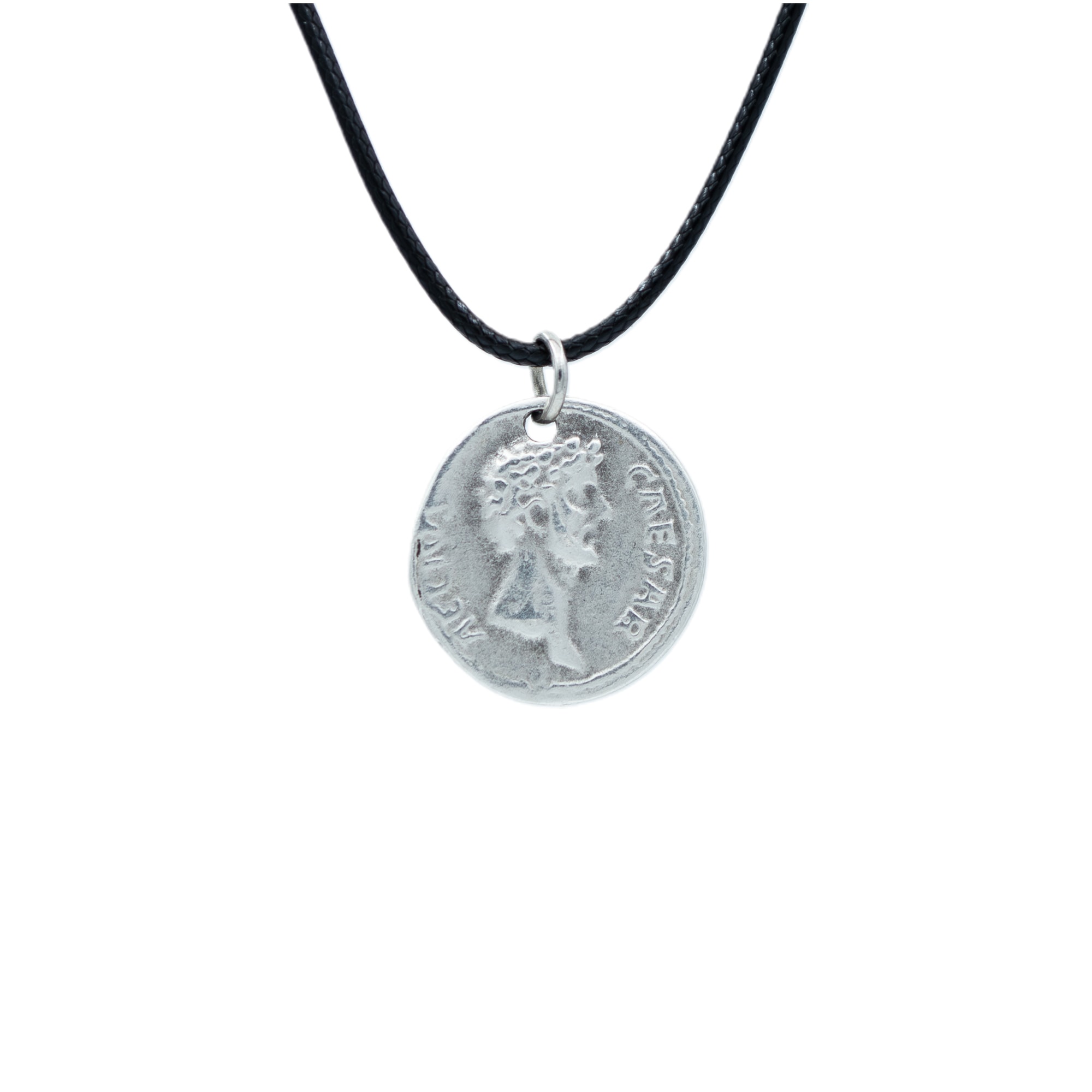 Caesar Roma Parası Sikke Kolye - Gümüş ( Silver ) Renk - 60 cm Deri İp Kolye