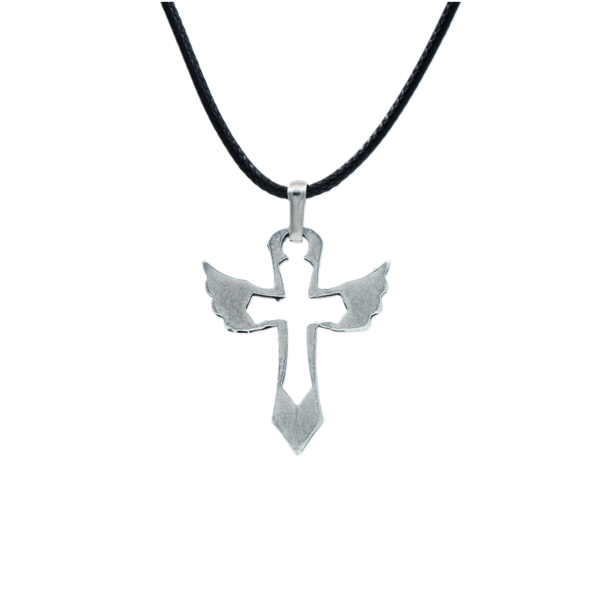 Kanat Detaylı Haç Kolye - Gümüş ( Silver ) Renk - 60 cm Deri İp Kolye