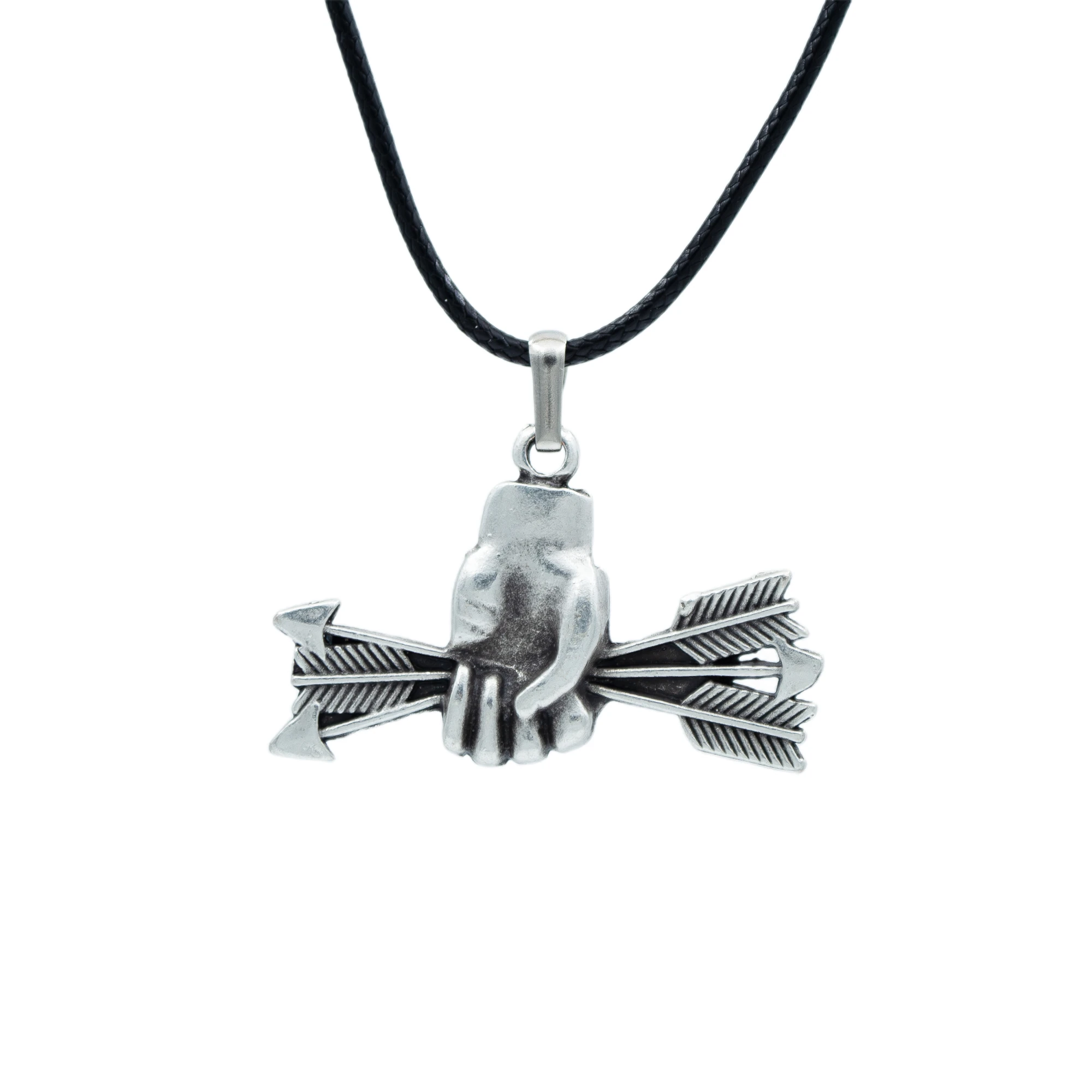 Ok Tutan El Kolye - Gümüş ( Silver ) Renk - 60 cm Deri İp Kolye