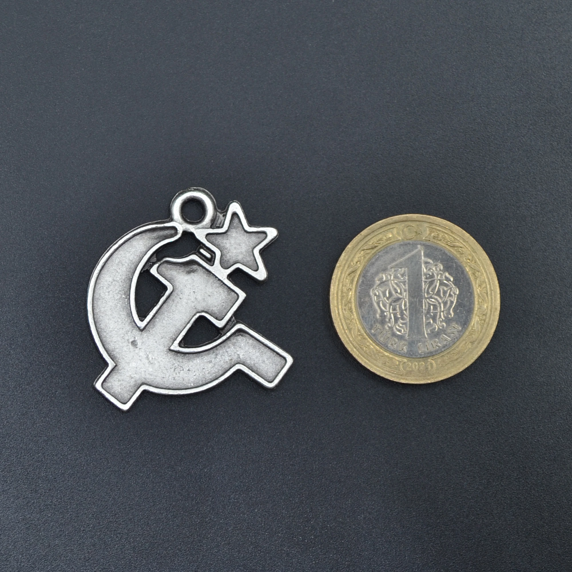 Orak ve Çekiç Kolye - Gümüş ( Silver ) Renk - 60 cm Deri İp Kolye