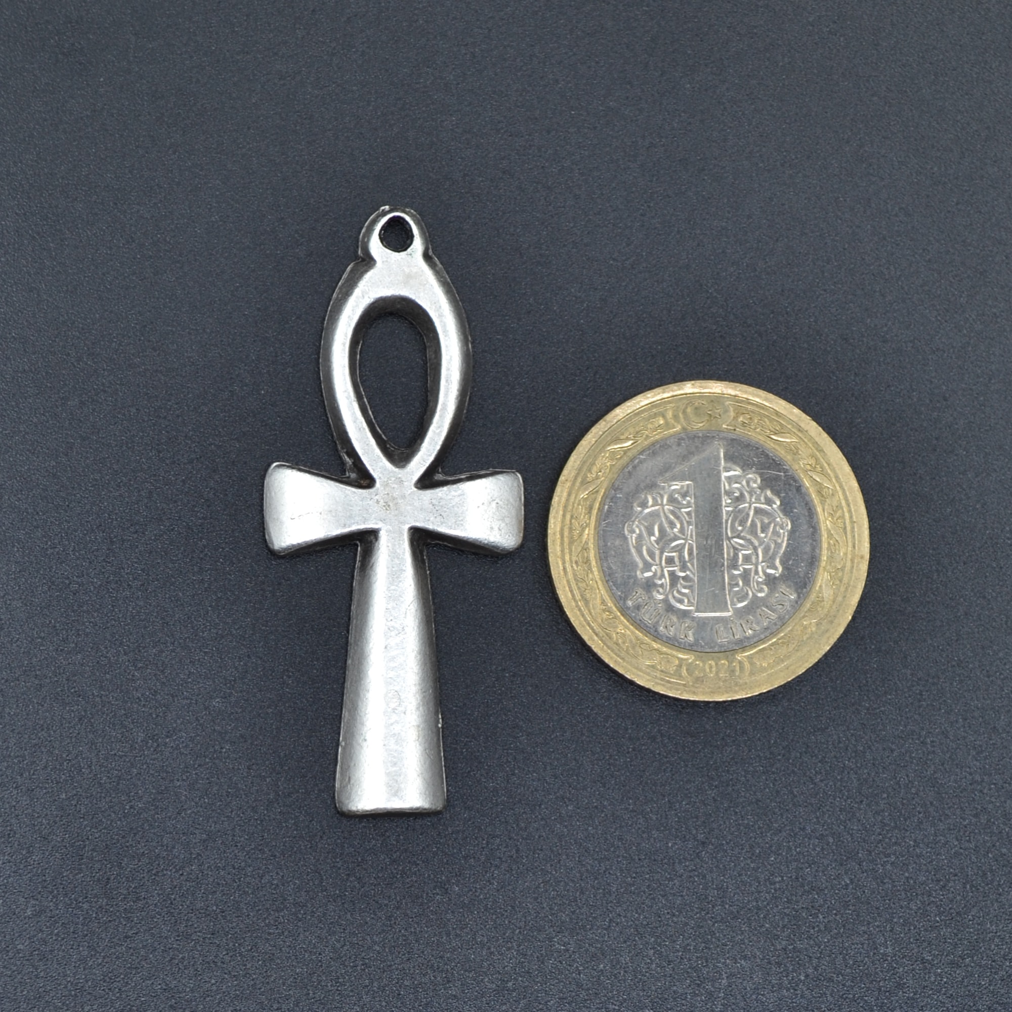 Ankh Sembolü - Nil'in Anahtarı Kolye - Gümüş ( Silver ) Renk - 60 cm Düz Ezme Zincir Kolye