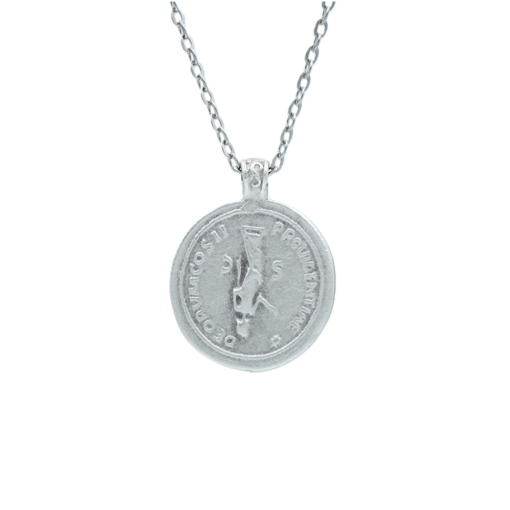 Roma Parası Sikke Kolye - Gümüş ( Silver ) Renk - 60 cm Düz Ezme Zincir Kolye