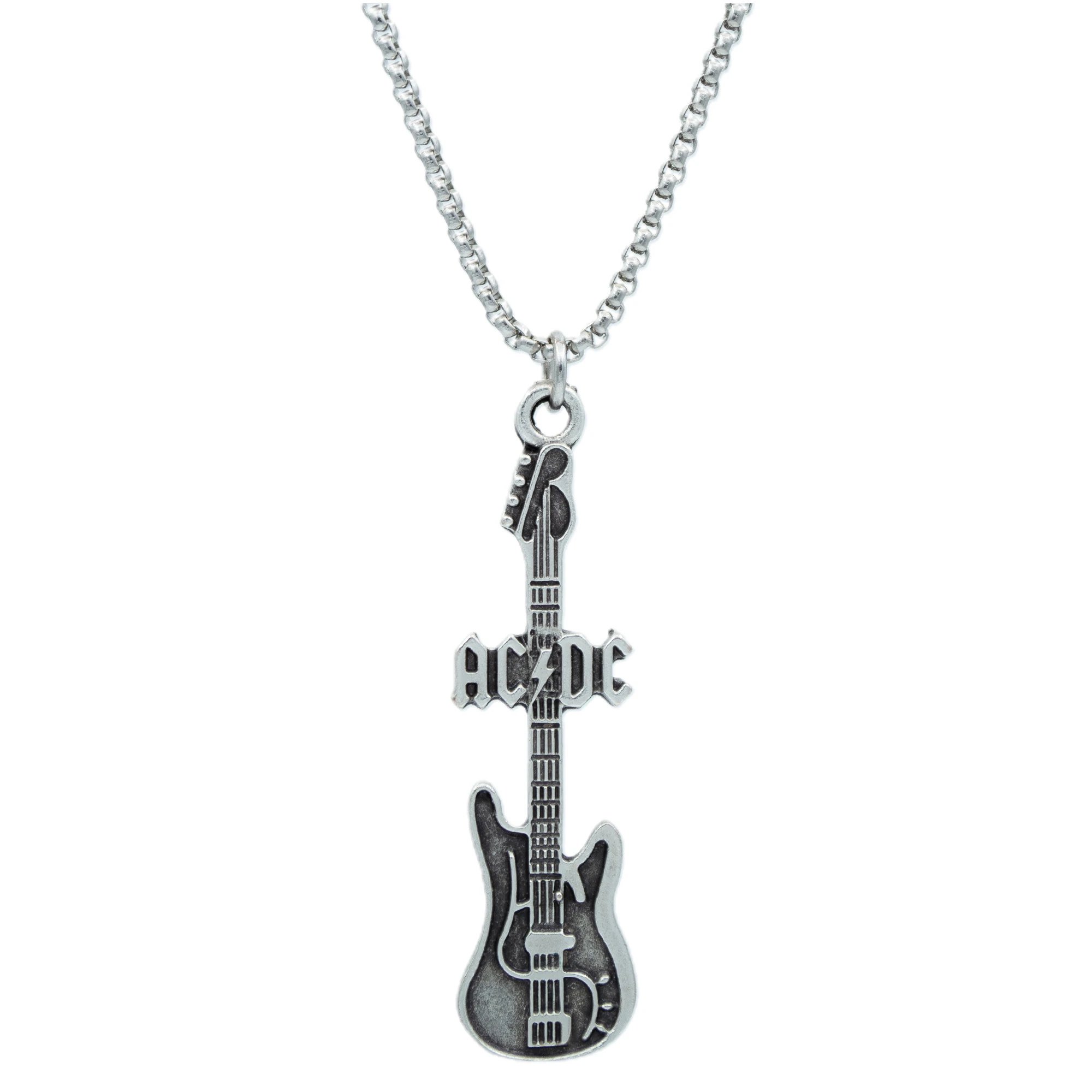 AC/DC Elektro Gitar Kolye - Gümüş ( Silver ) Renk - 60 cm Örme Zincir Kolye