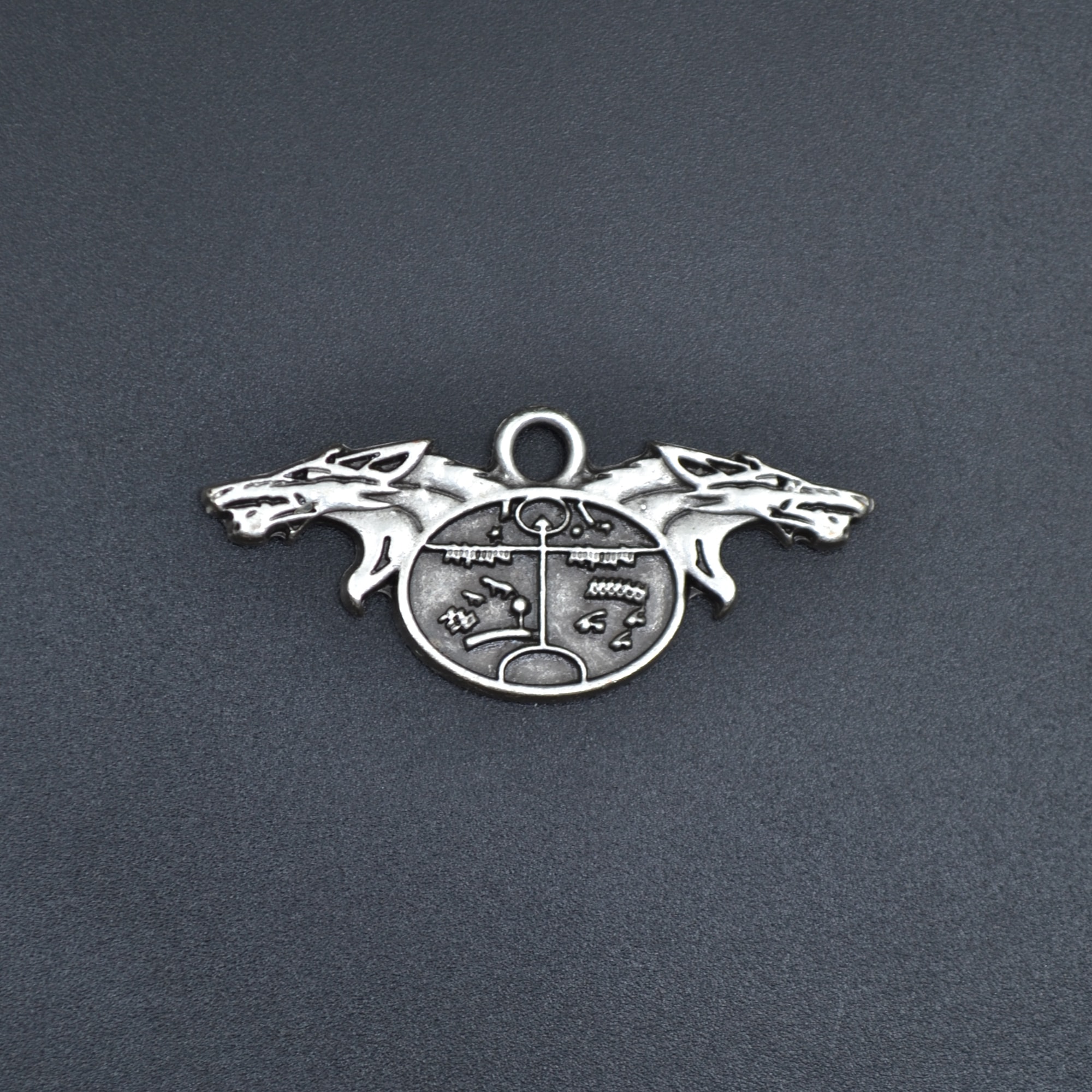 Şaman Kam Davulu - Kurt Kolye - Gümüş ( Silver ) Renk - 60 cm Deri İp Kolye