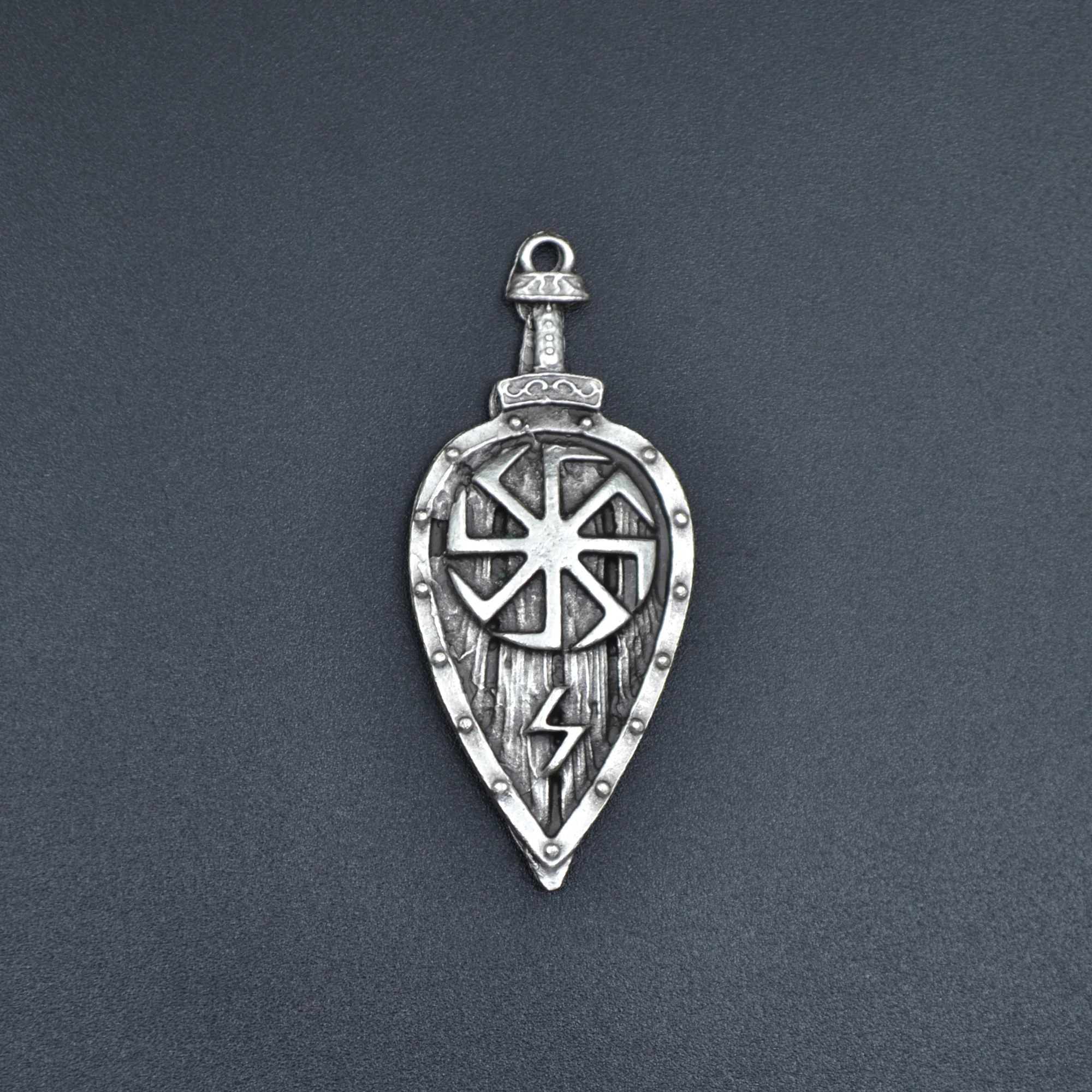 Viking Kolovrat Kalkan Kolye - Gümüş ( Silver ) Renk - 60 cm Örme Zincir Kolye