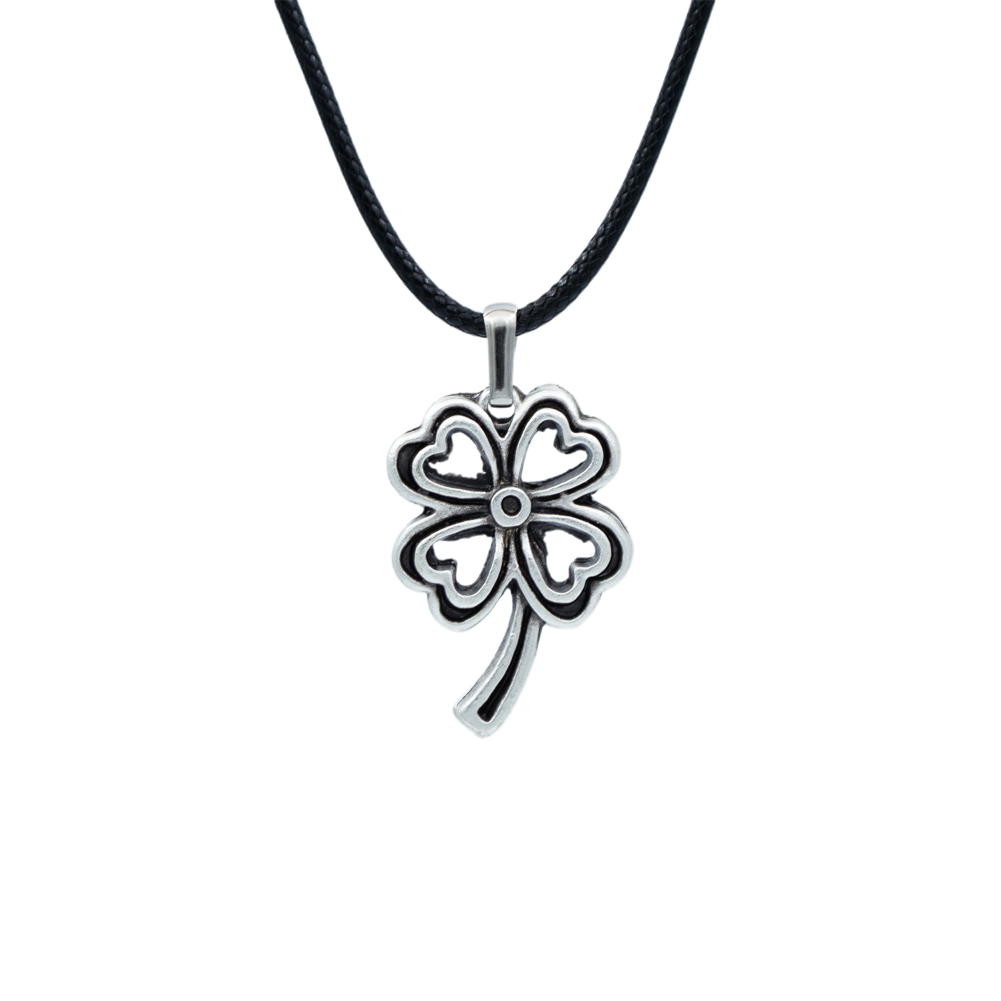 Dört Yapraklı Yonca Kolye - Gümüş ( Silver ) Renk - 60 cm Deri İp Kolye