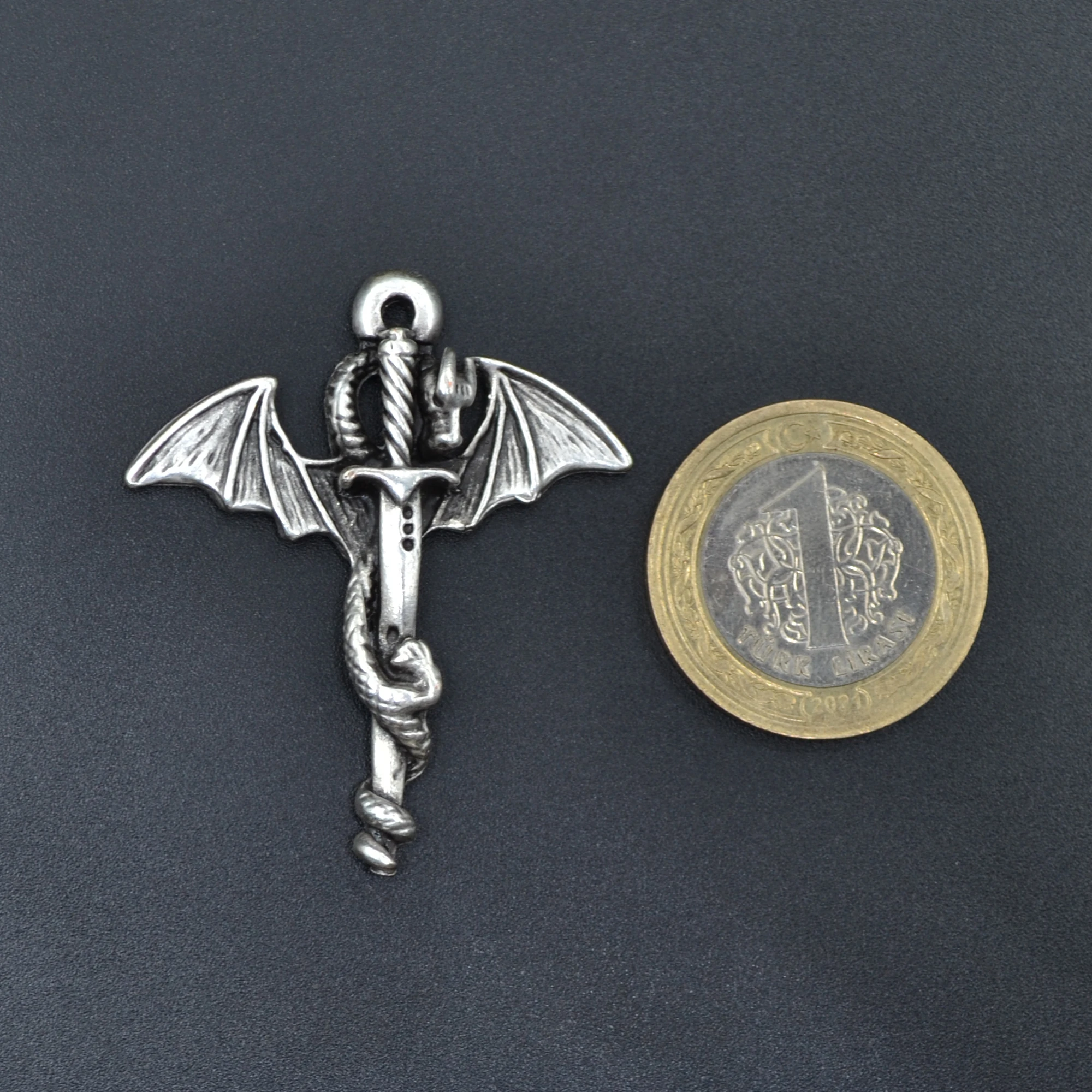 Ejderha Kılıç Kolye - Gümüş ( Silver ) Renk - 60 cm Deri İp Kolye