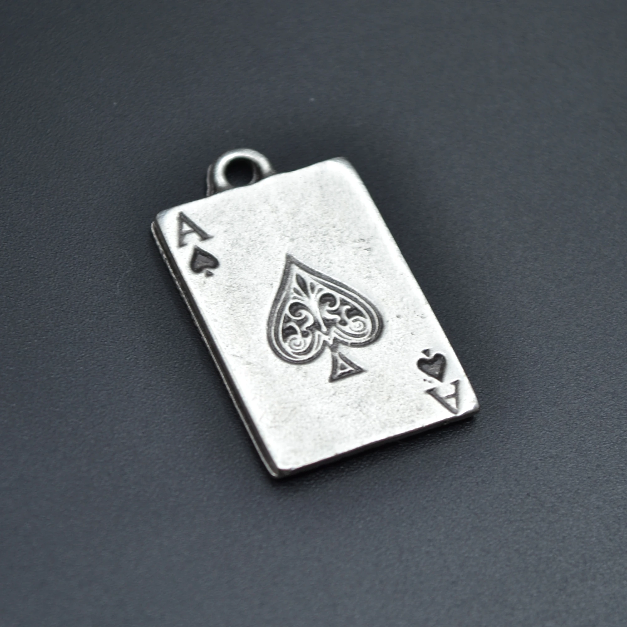 Maça As Poker İskambil Kolye - Gümüş ( Silver ) Renk - 60 cm Deri İp Kolye