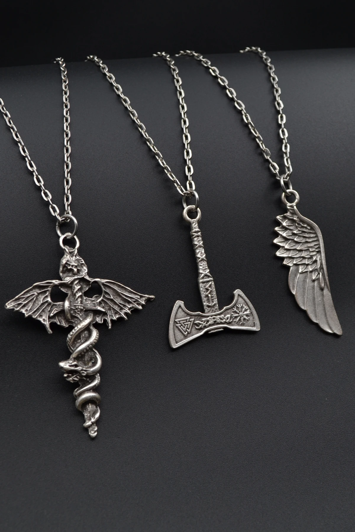 3'lü Kılıç Yarasa Yılan Büyük Kanat Viking Balta Erkek Kadın Kolye Seti
